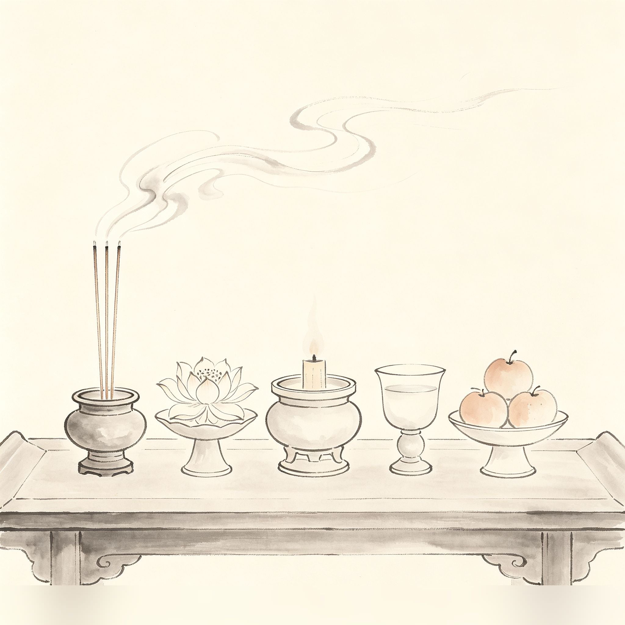 五供 Wugong — the five standard Taoist altar offerings arranged in ritual formation