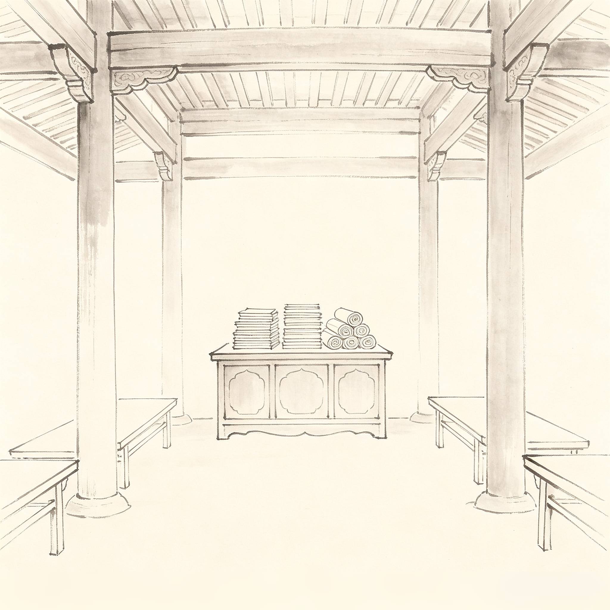 经堂 Jingtang — Taoist scripture hall interior with scripture cabinet and recitation space