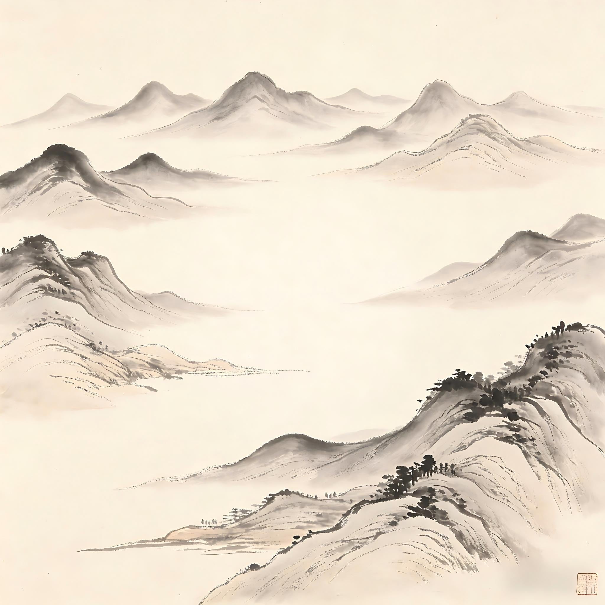 Eight mountain peaks at the edges of the world surrounding a vast empty center, traditional Chinese ink painting