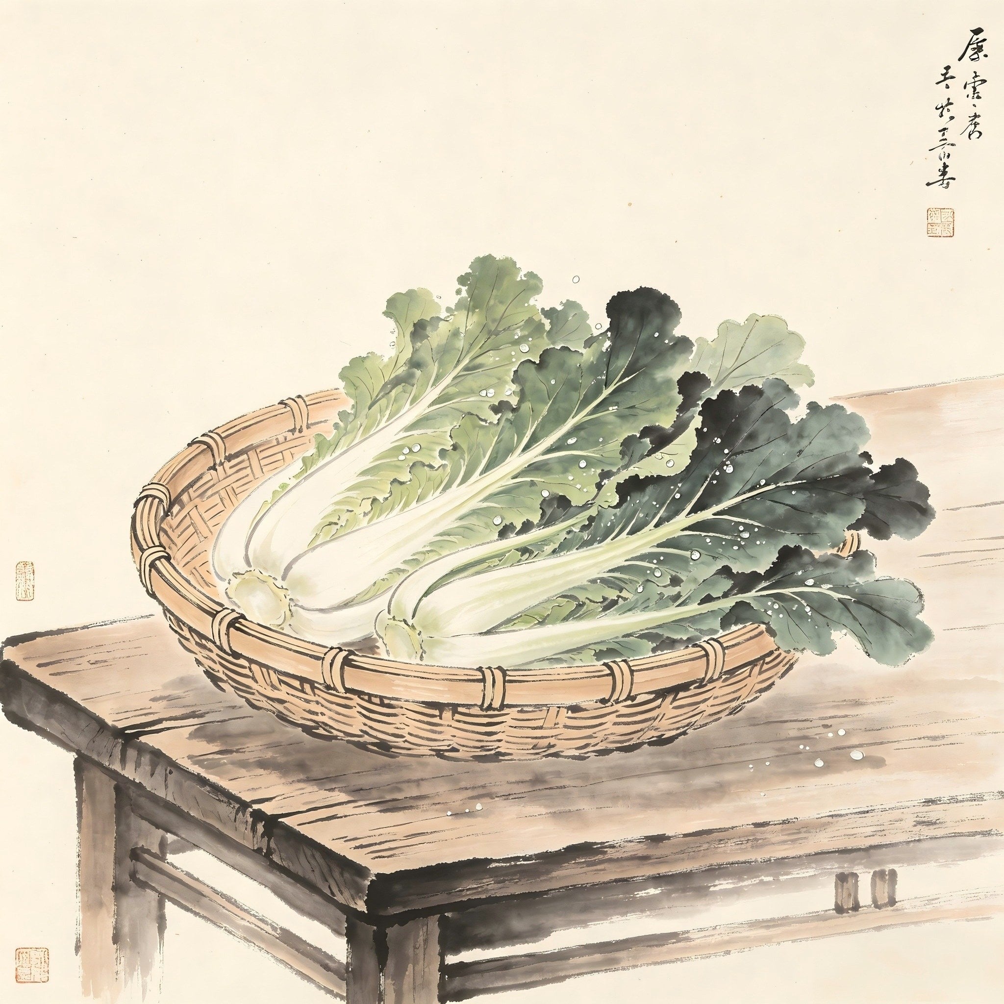 Basket of fresh vegetables in a monastery kitchen in ink wash style, representing the Caitou Quanzhen vegetable master role