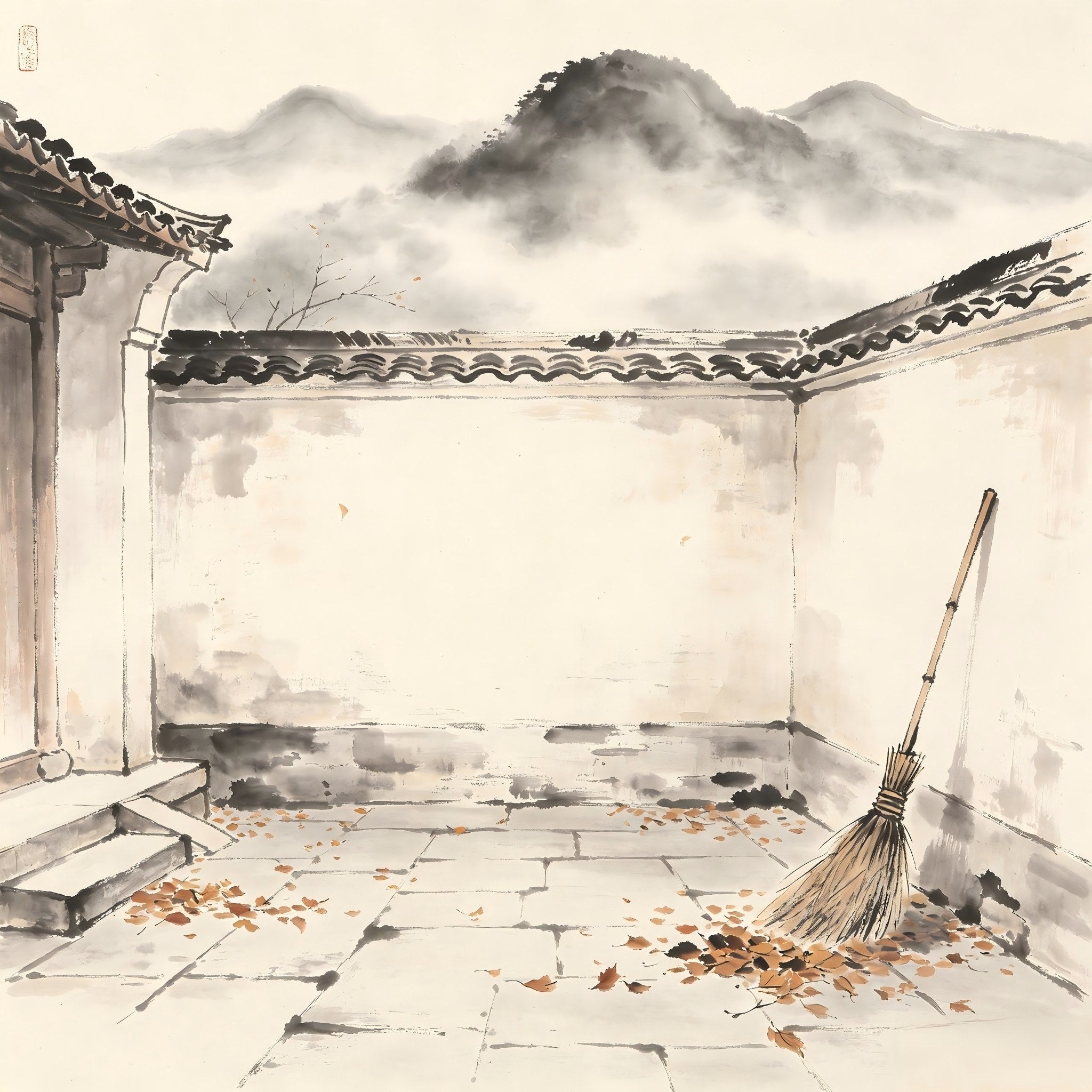 A broom leaning against a wall with fallen leaves in a temple courtyard in Chinese ink painting