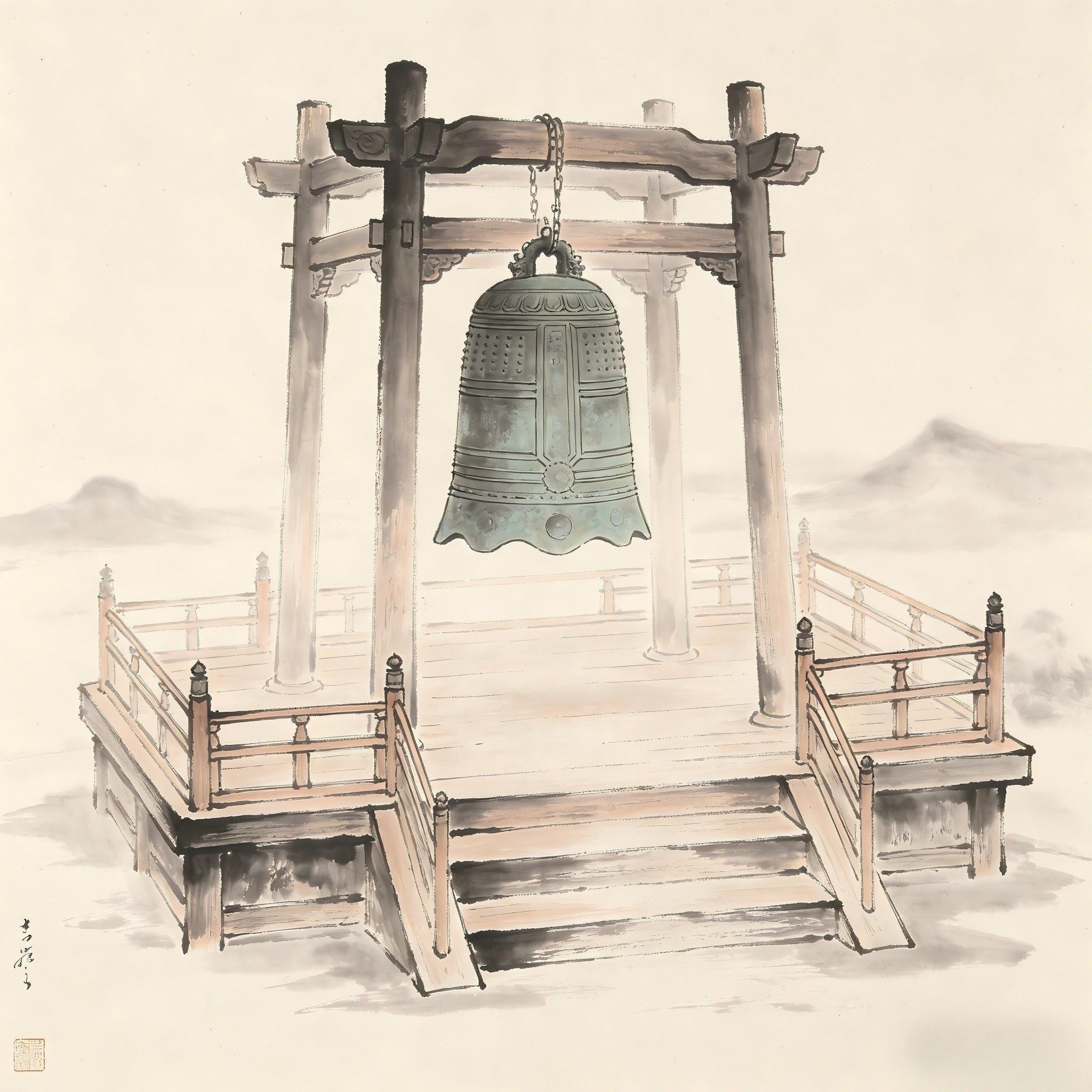 Du Jiang Taoist ritual chanting platform with bell ink painting