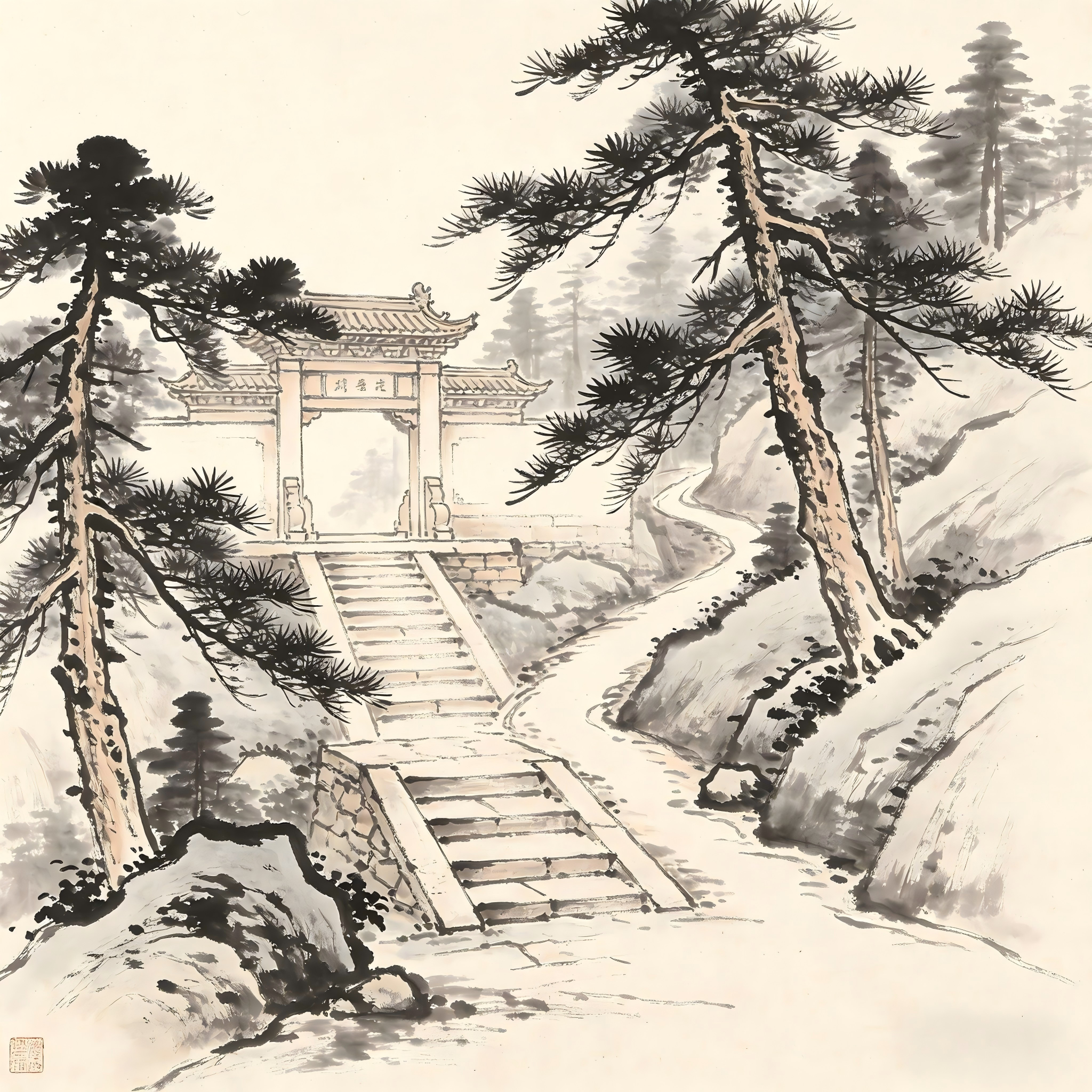 Taoist temple mountain gate with stone pillars in traditional ink wash painting