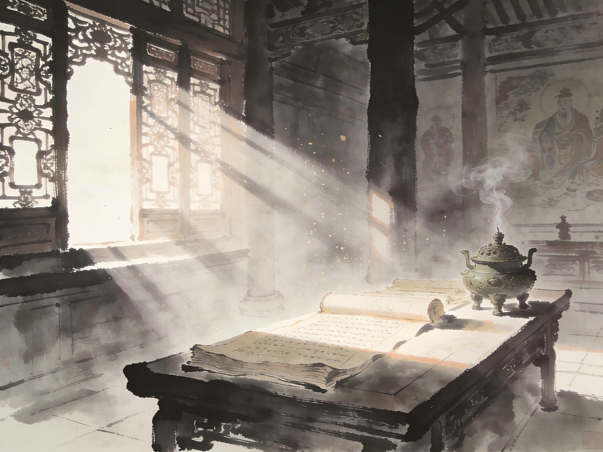 Traditional Taoist temple interior with ancient scriptures