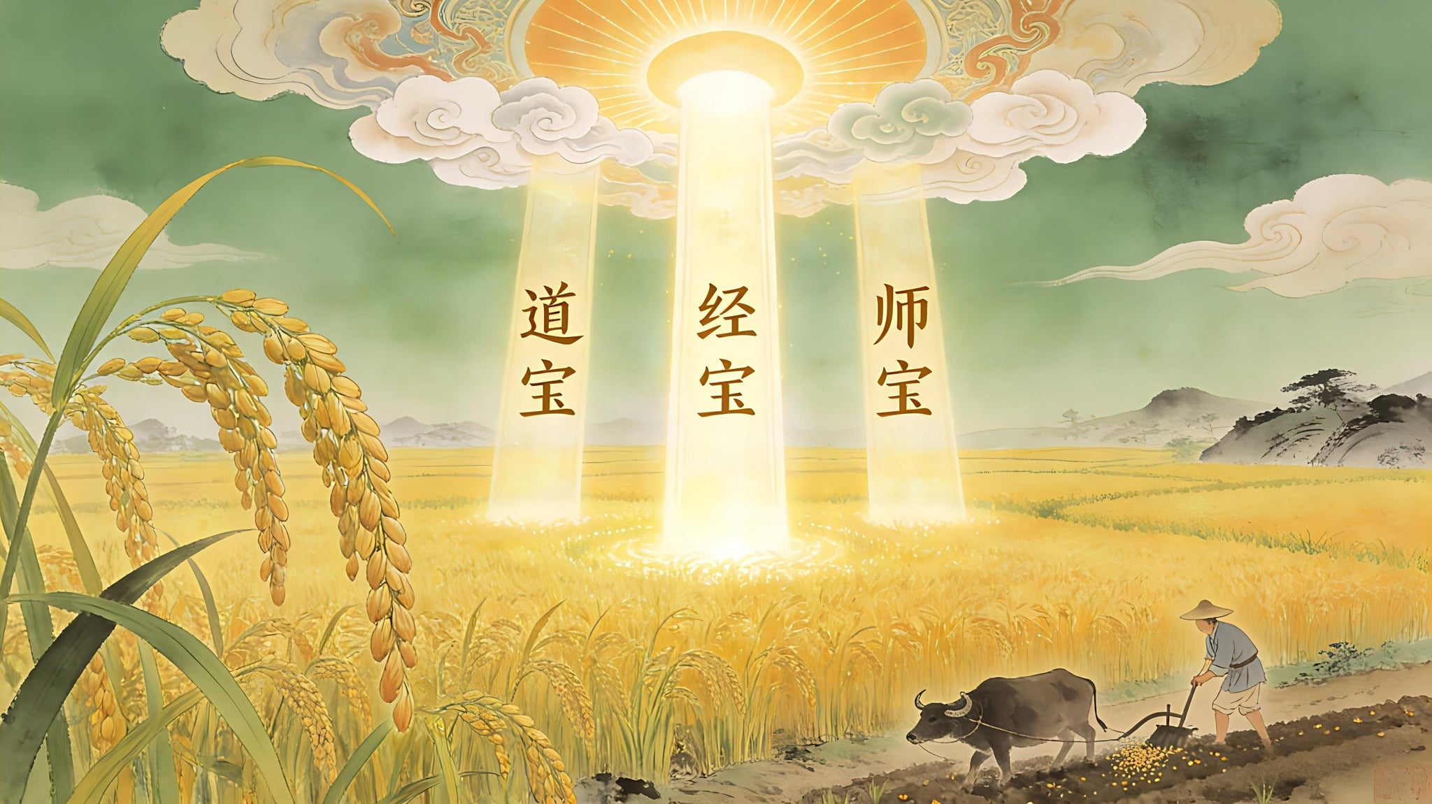 Field of merit - fertile rice paddies with golden harvest under celestial light