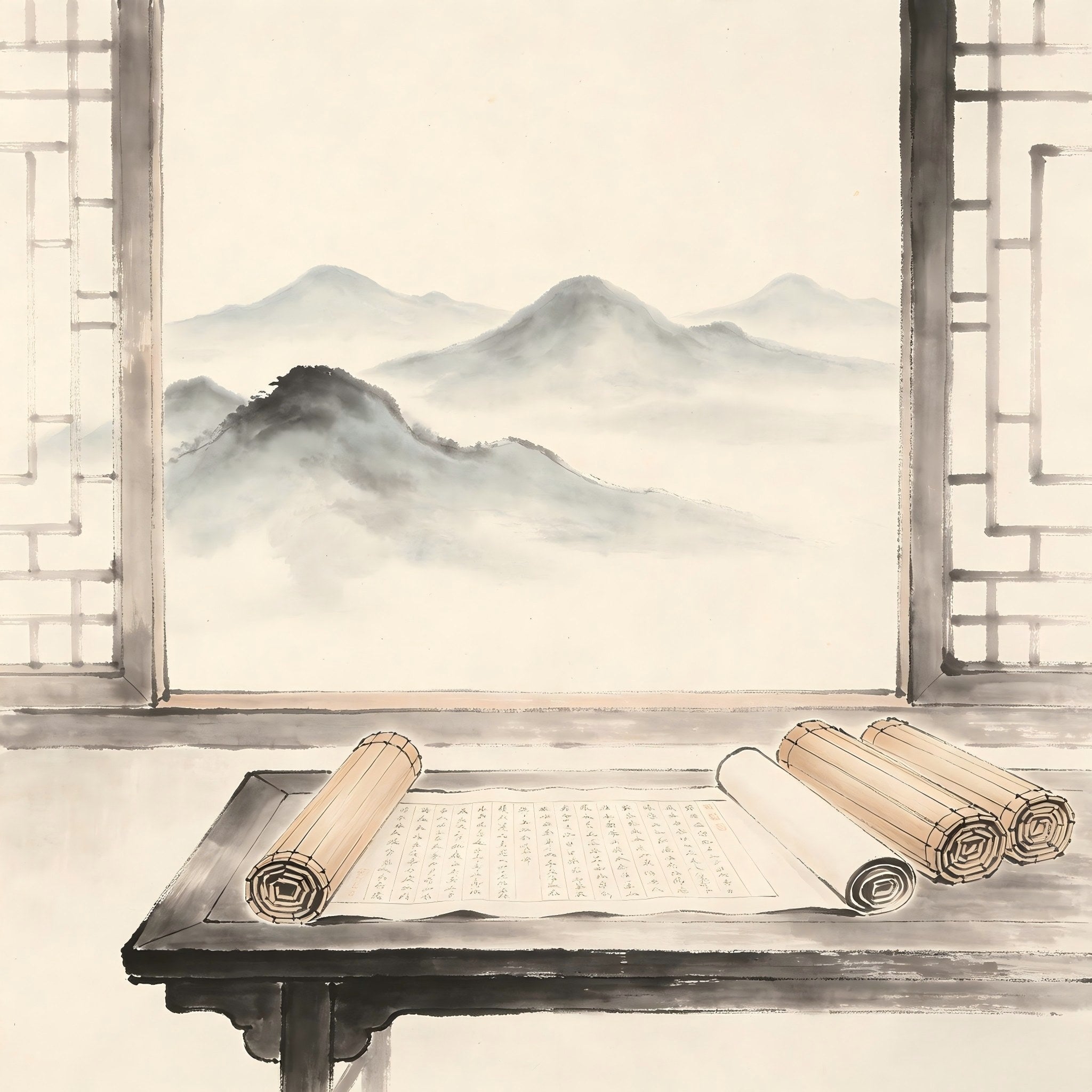 Ancient Chinese scrolls and ritual implements in traditional ink painting style