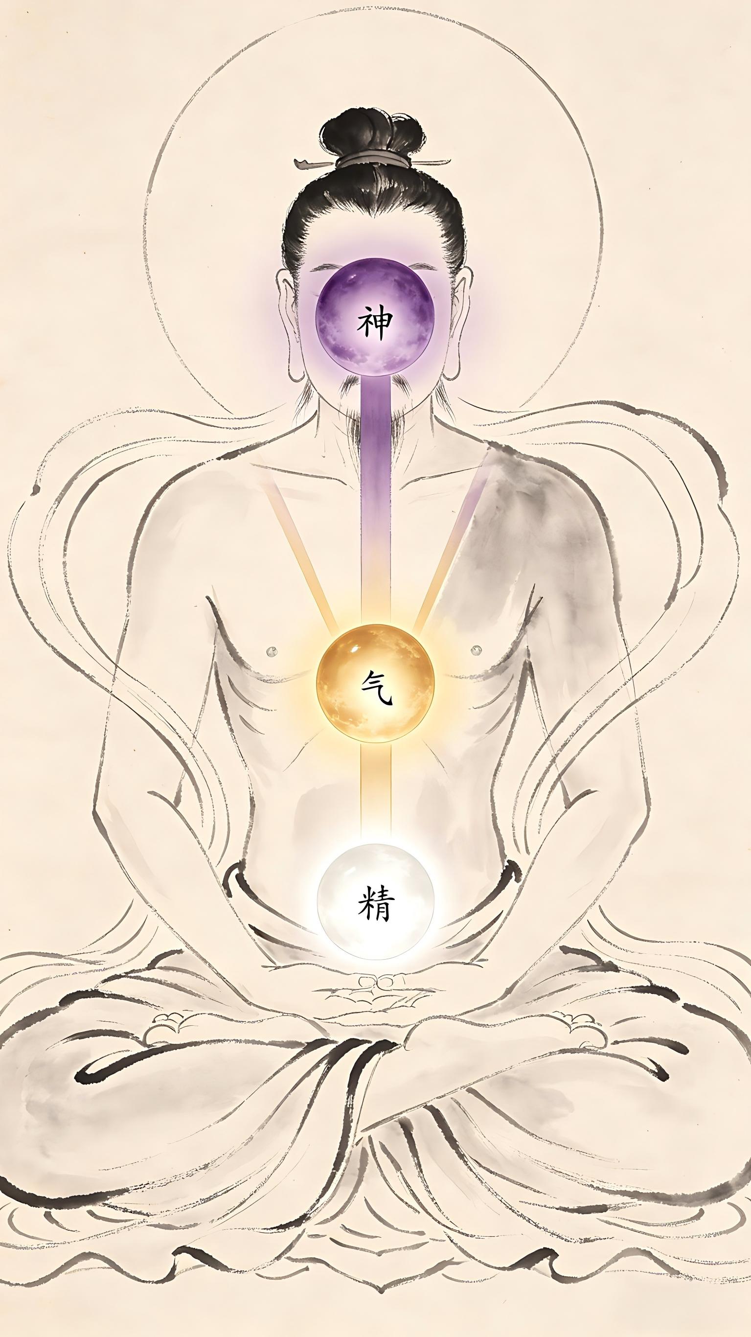 Three intertwined energy orbs in a Taoist cultivator's body — essence, qi, and spirit as the Three Treasures