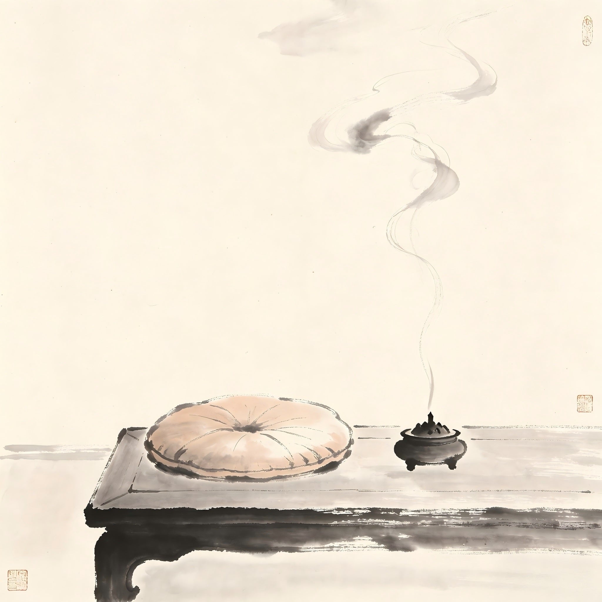 Meditation cushion in a quiet hall with incense smoke in ink wash style, representing the Jingzhu meditation hall in Taoist monastic tradition