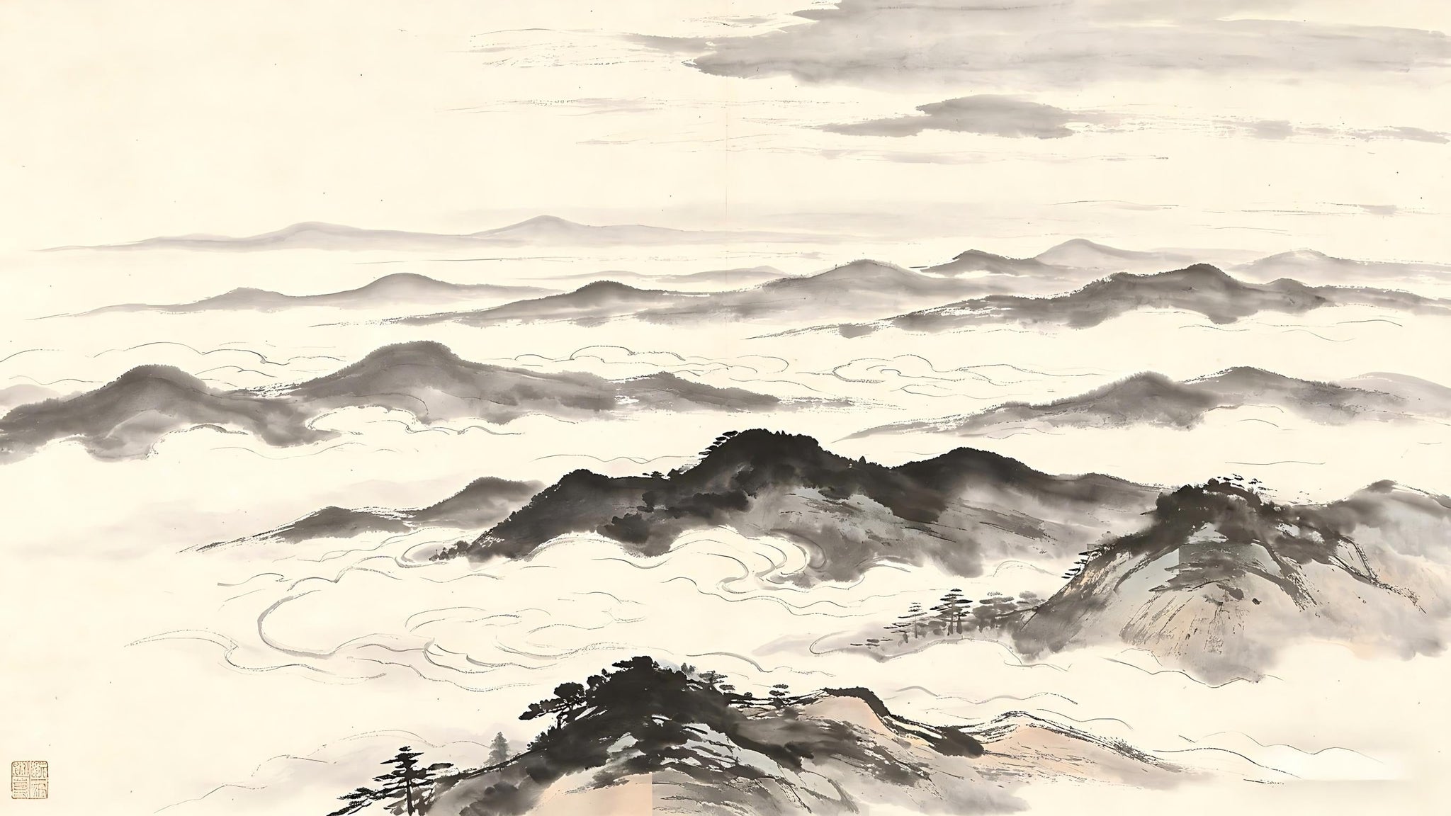 Nine celestial layers in traditional Chinese ink painting, representing the Nine Great Brahma Heavens
