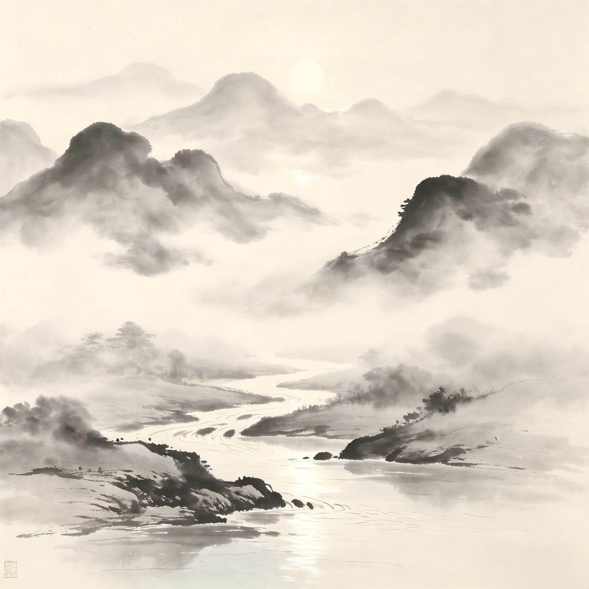 Mountain mist over sacred water in ink wash, representing Liandu soul refinement in Taoist ritual