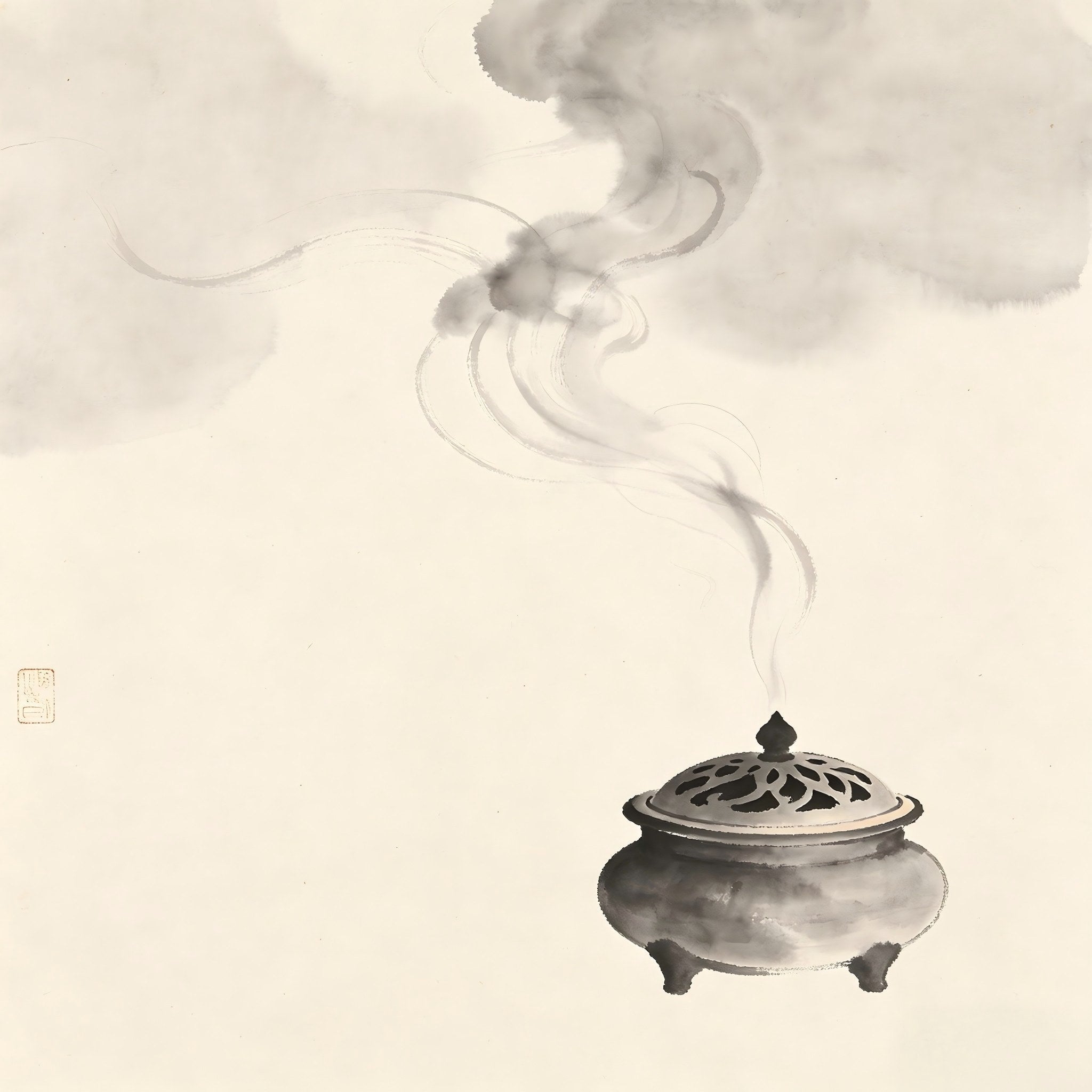 Ancient ritual burner with curling smoke in traditional ink wash style, representing the Lianshi refinement master role in Taoist soul purification ceremony