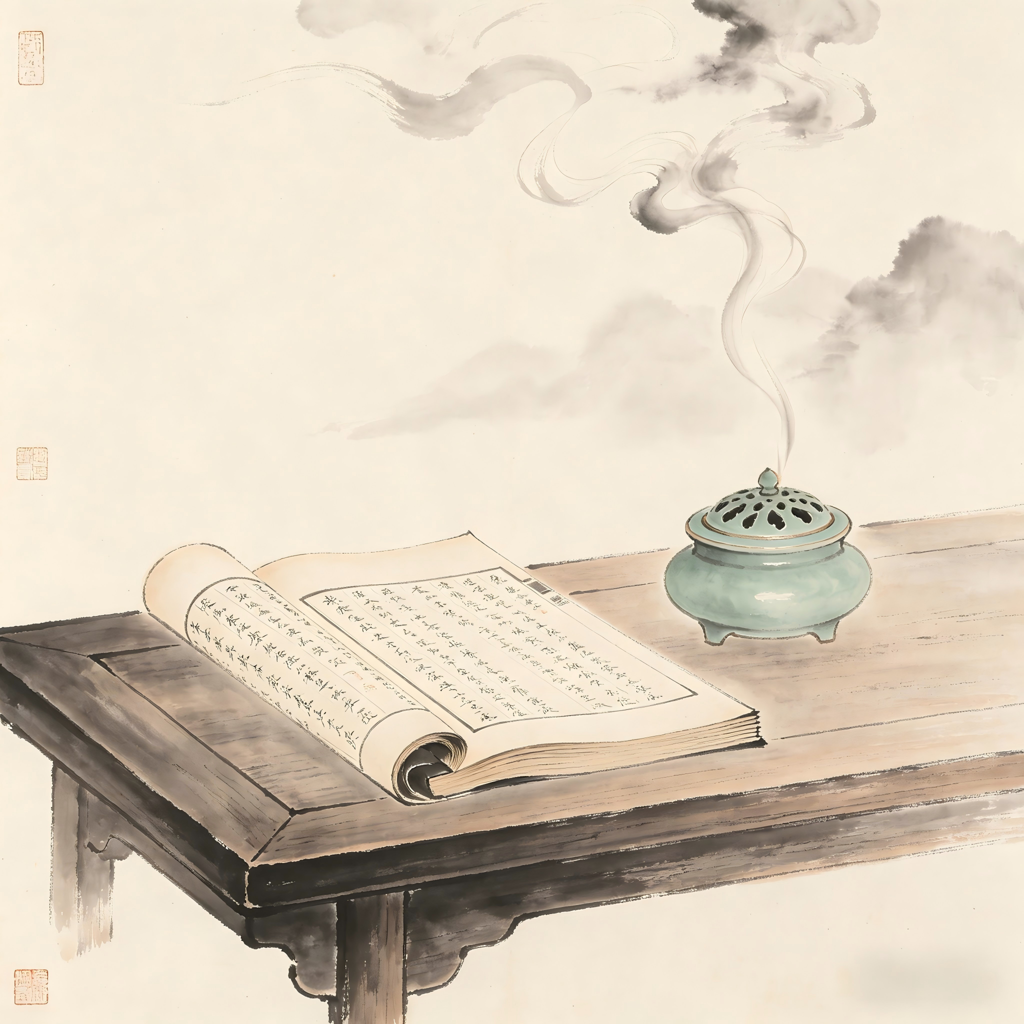 Lu Shi Precept Master Taoist scripture scrolls and burning incense ink painting