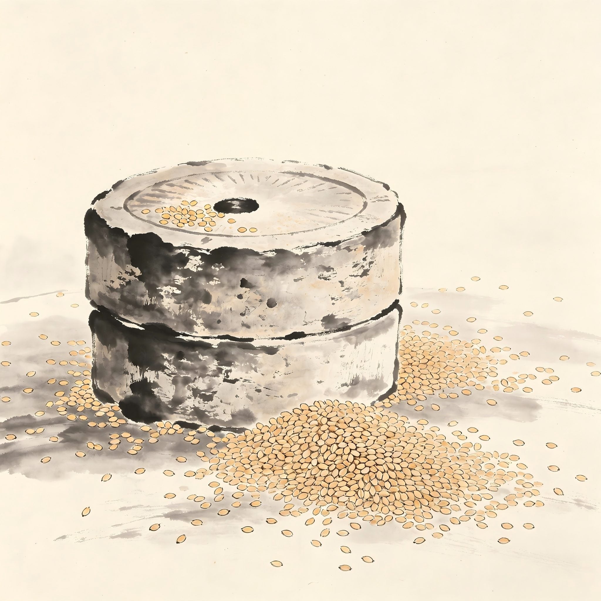 Ancient stone mill wheel in ink wash, representing Niantou grain milling in Taoist monastery