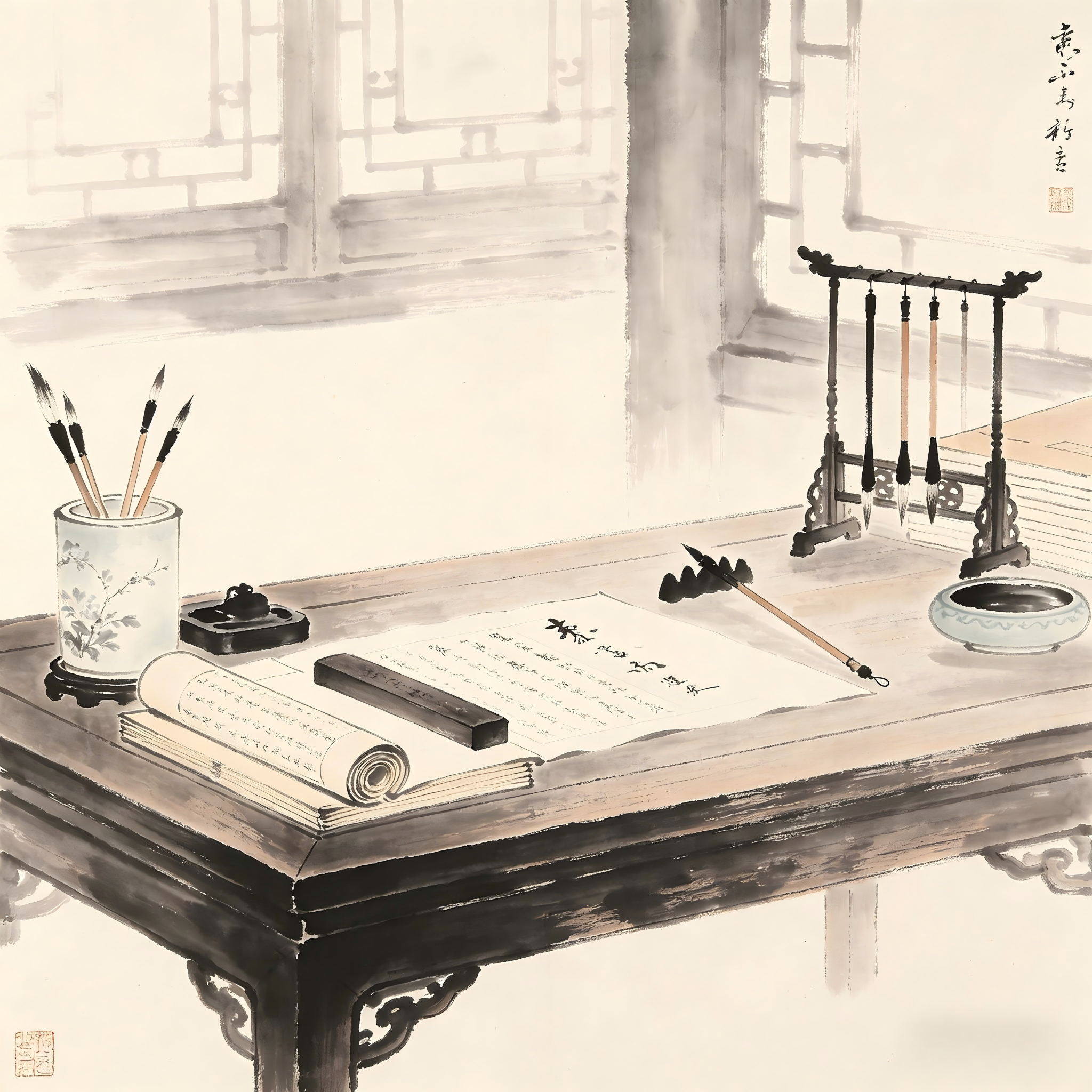 Taoist monastery guest hall with registration desk in ink wash painting