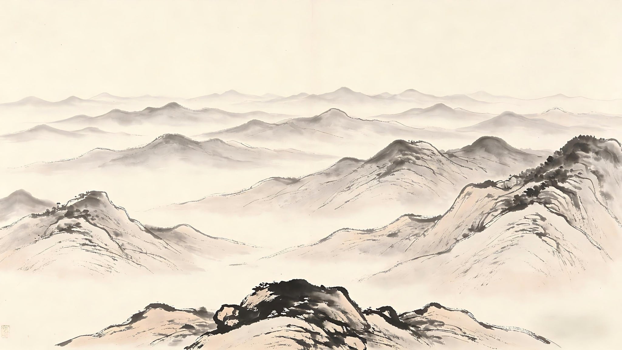 Layered celestial heavens in traditional Chinese ink painting, representing the Thirty-Two Heavens