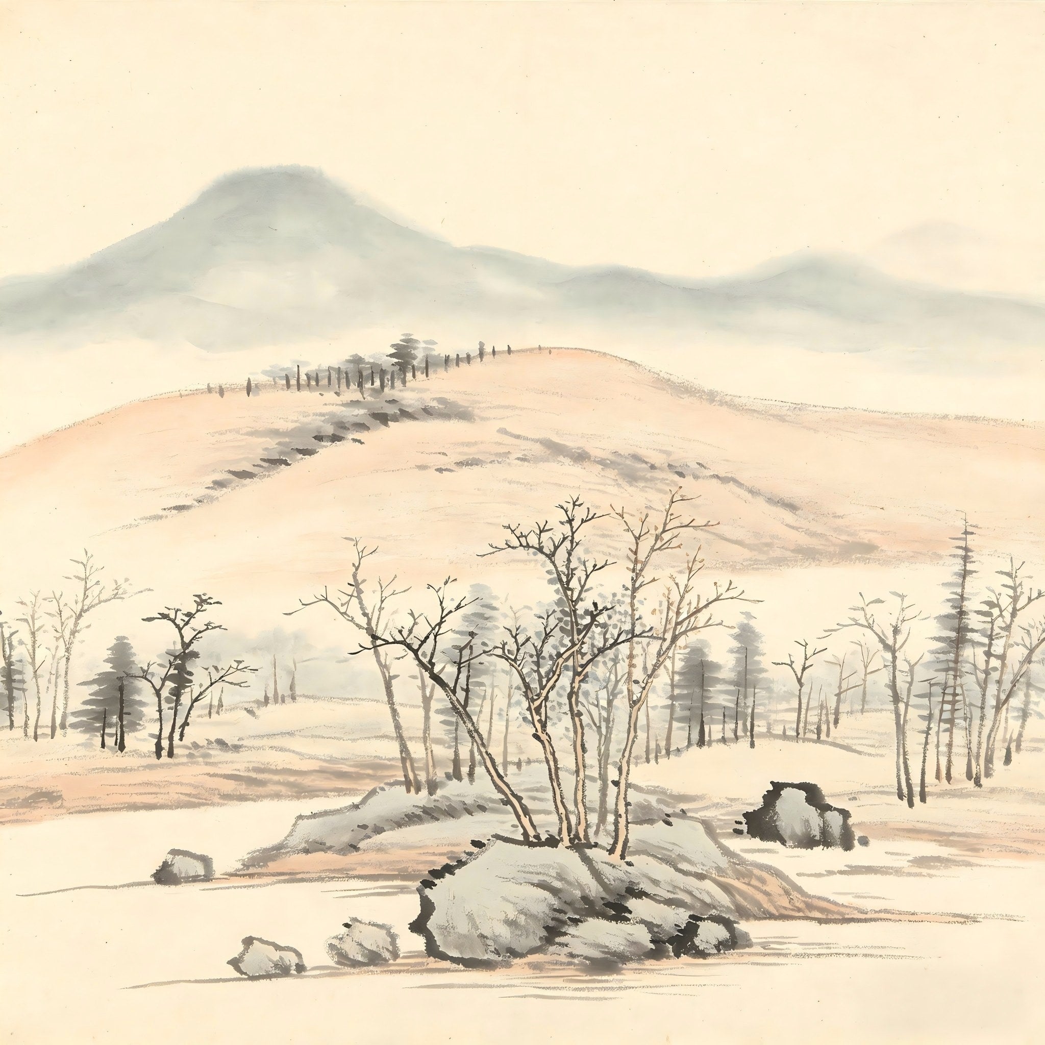 Distant mountains faint as smoke, representing the Shi Yin ideal of inner detachment amid worldly noise