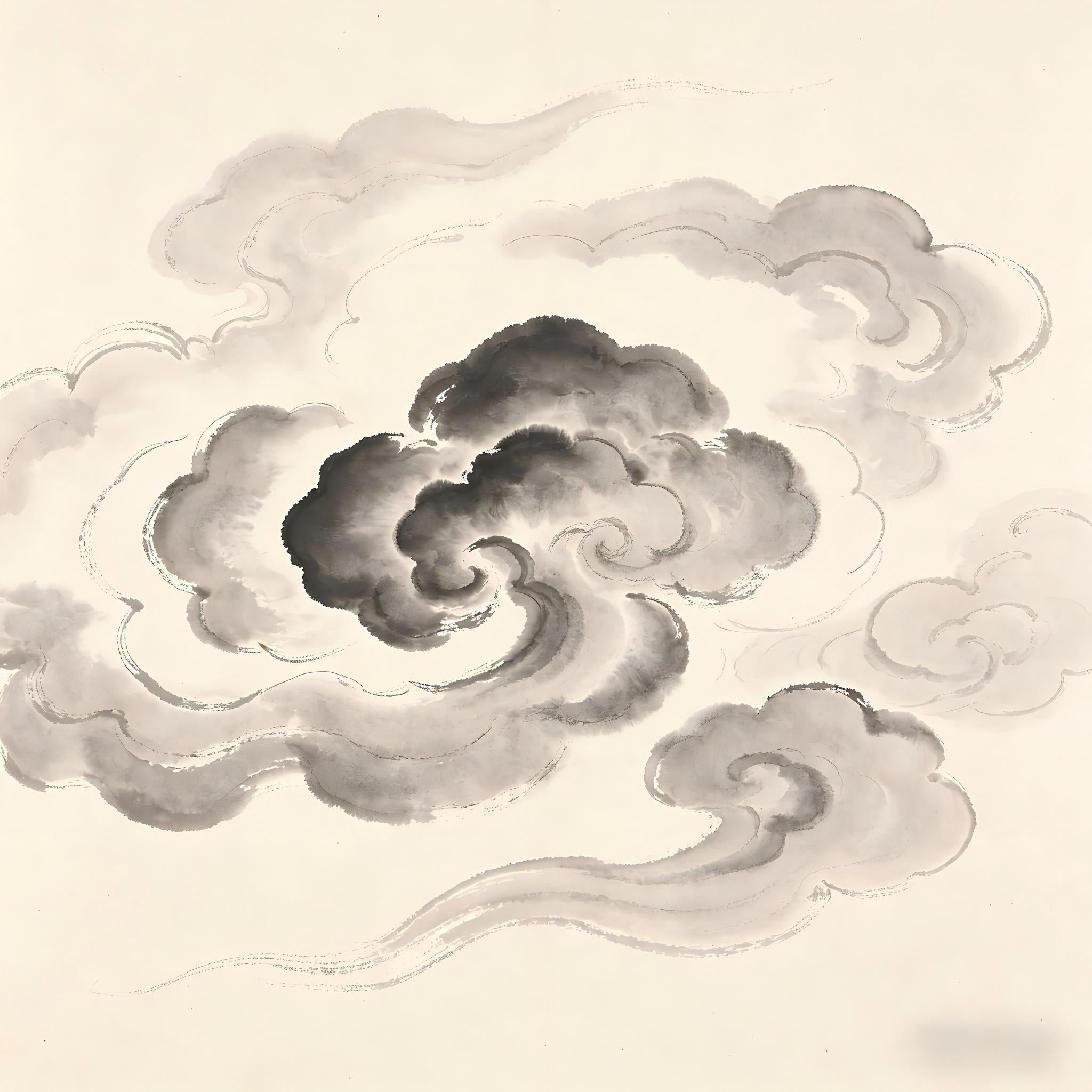 Eight directional clouds surrounding center, cardinal directions denser than intercardinals, ink painting