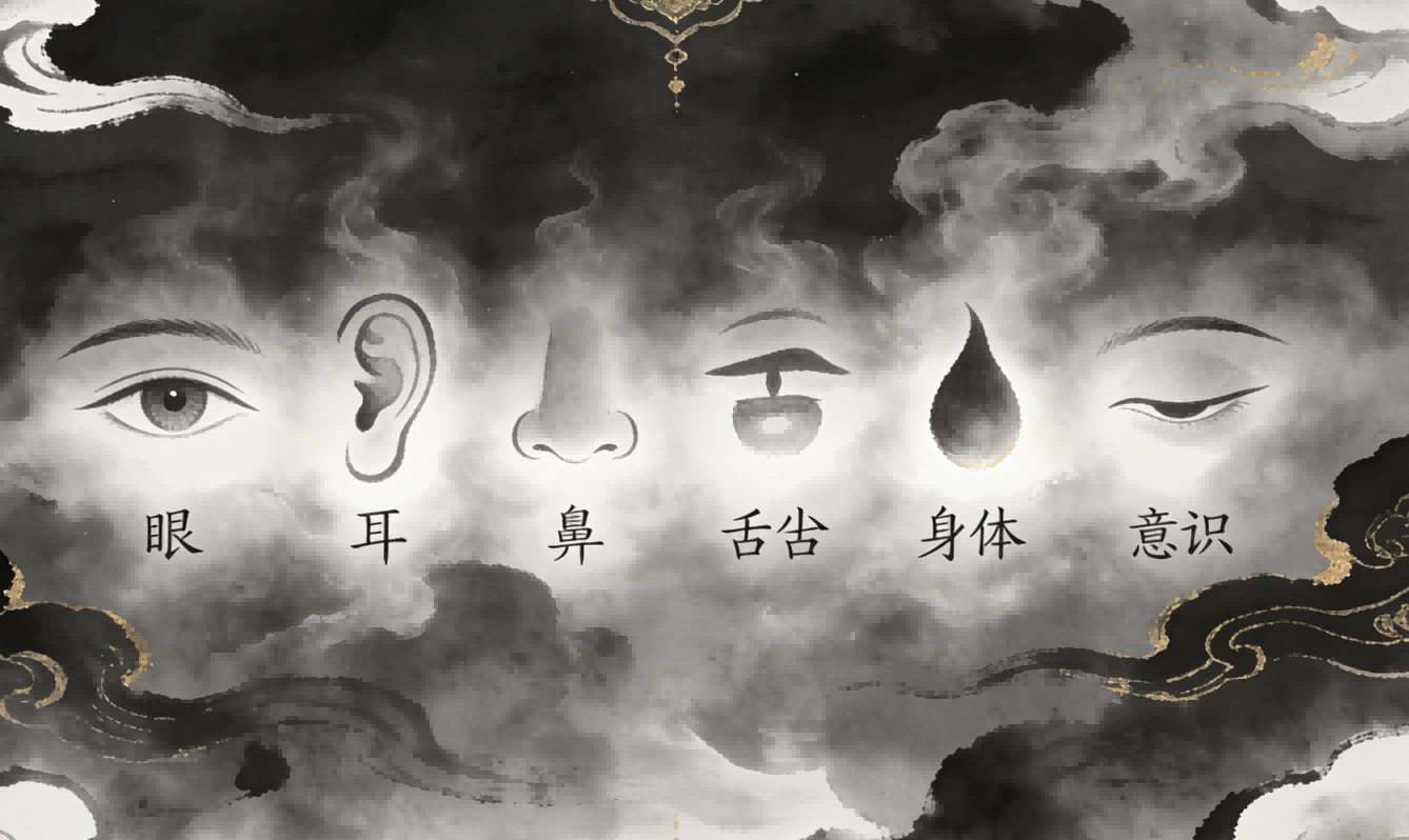 Traditional Taoist cultivation illustration showing six senses (eyes, ears, nose, tongue, body, mind) surrounded by shadowy thieves, rendered in ink wash style with misty clouds and dark golden accents