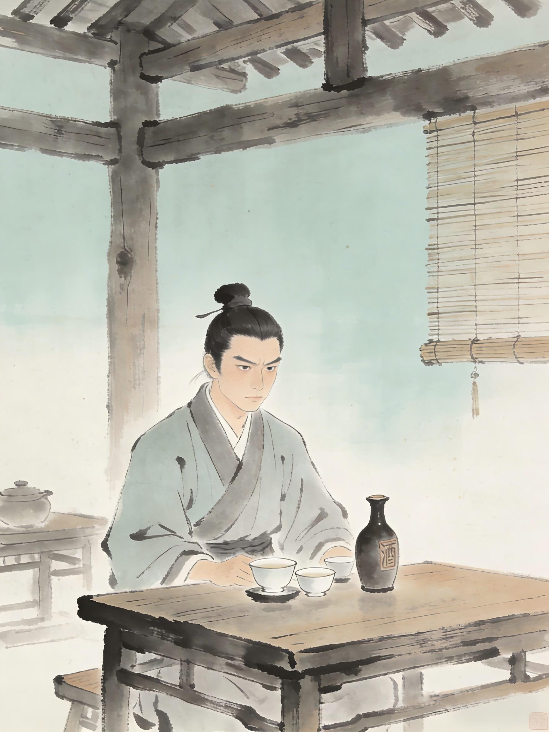 Taoist practitioner choosing tea over wine in traditional setting