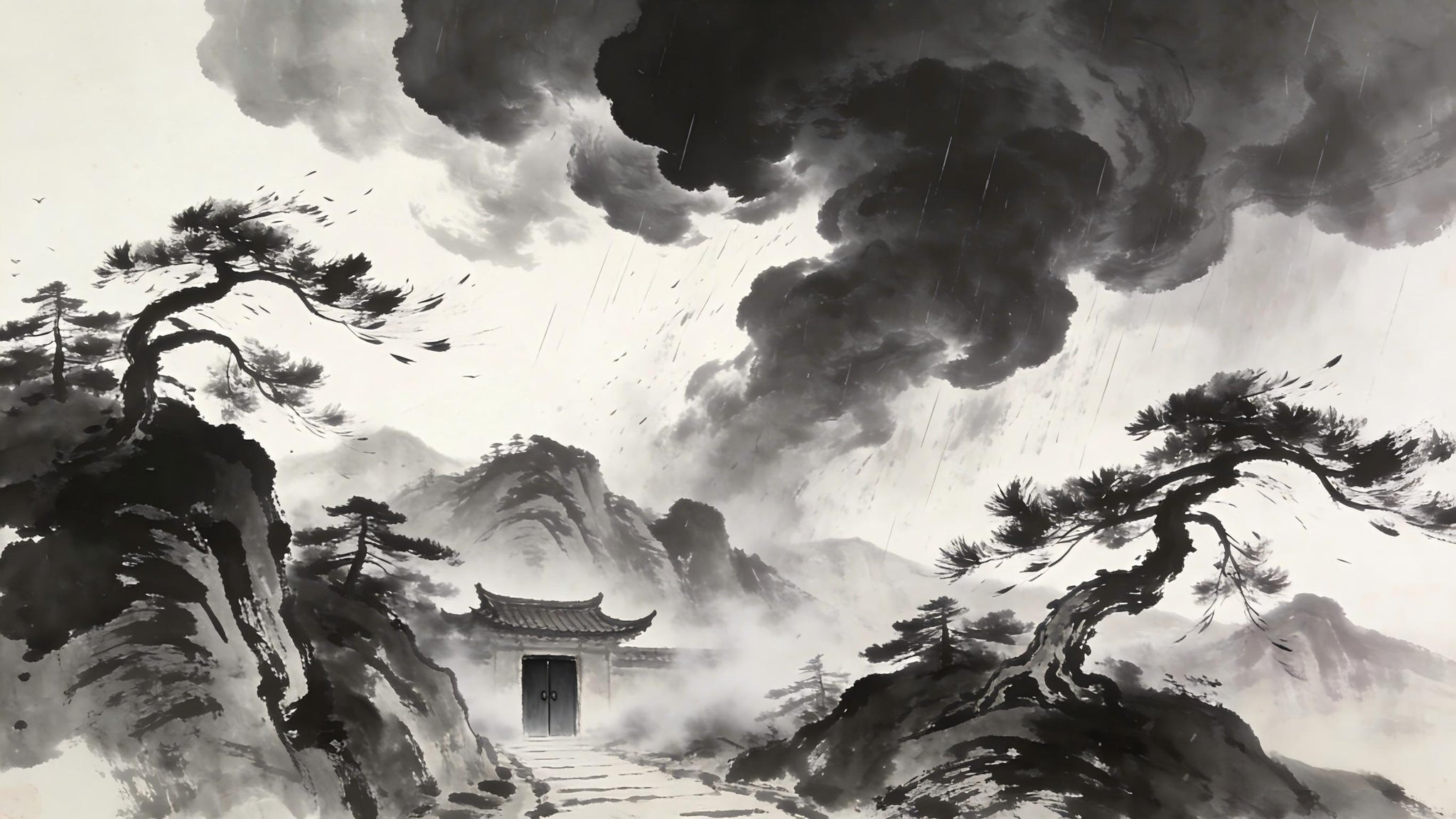 Storm gathering over Longhu Mountain pine forest, Taoist teaching on the barrier of anger