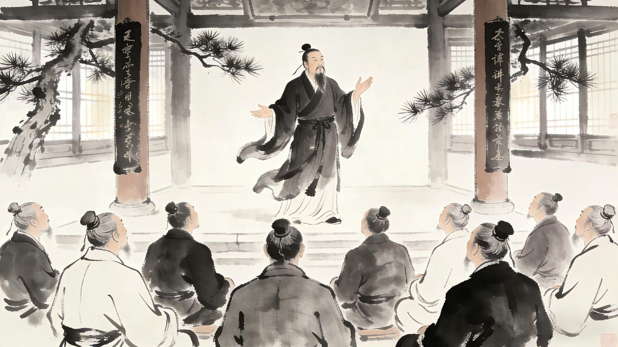 Taoist monk teaching before audience, barrier of boasting on Longhu Mountain