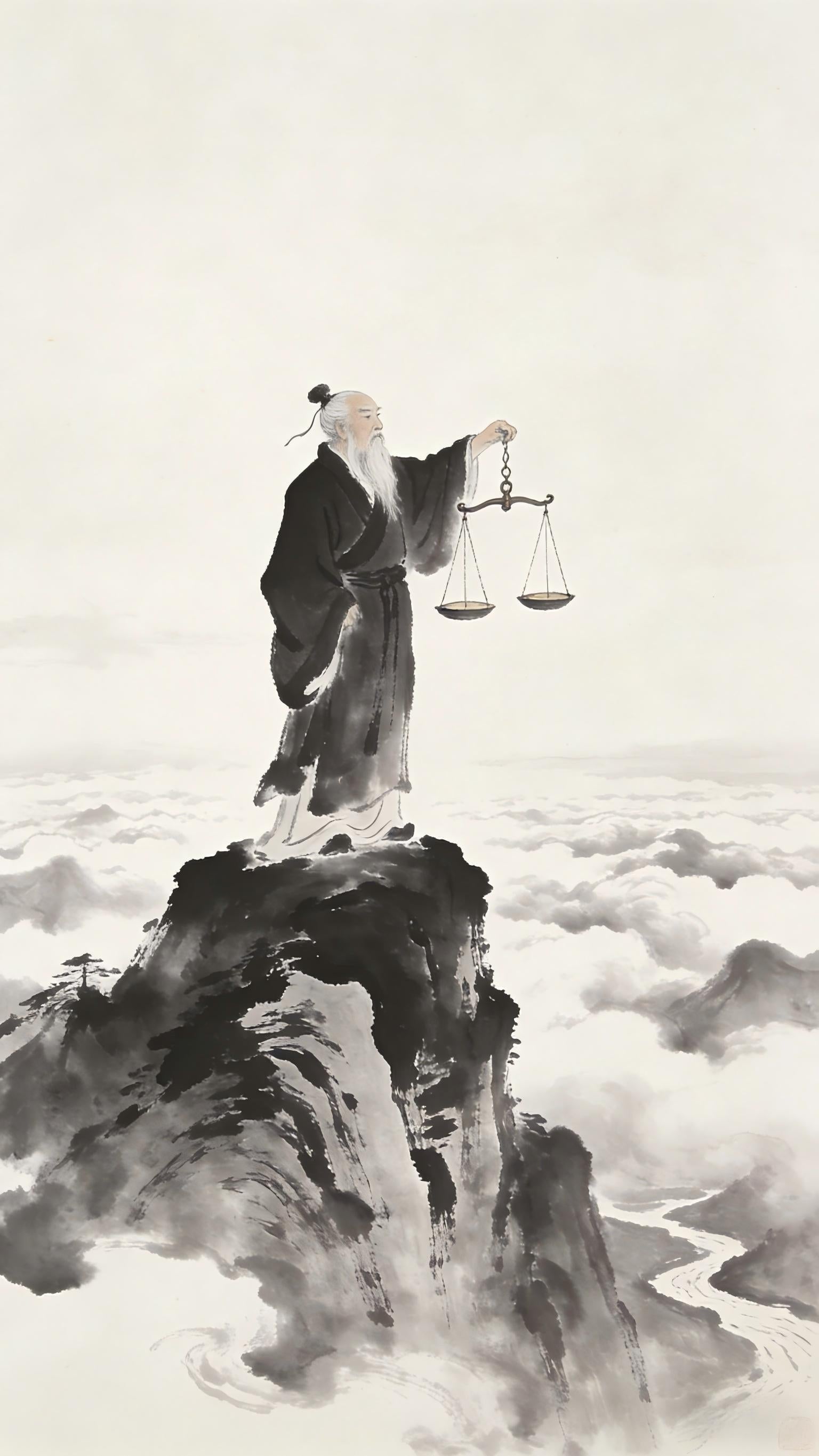 Taoist monk on mountain peak holding balanced scale, natural law of cause and effect