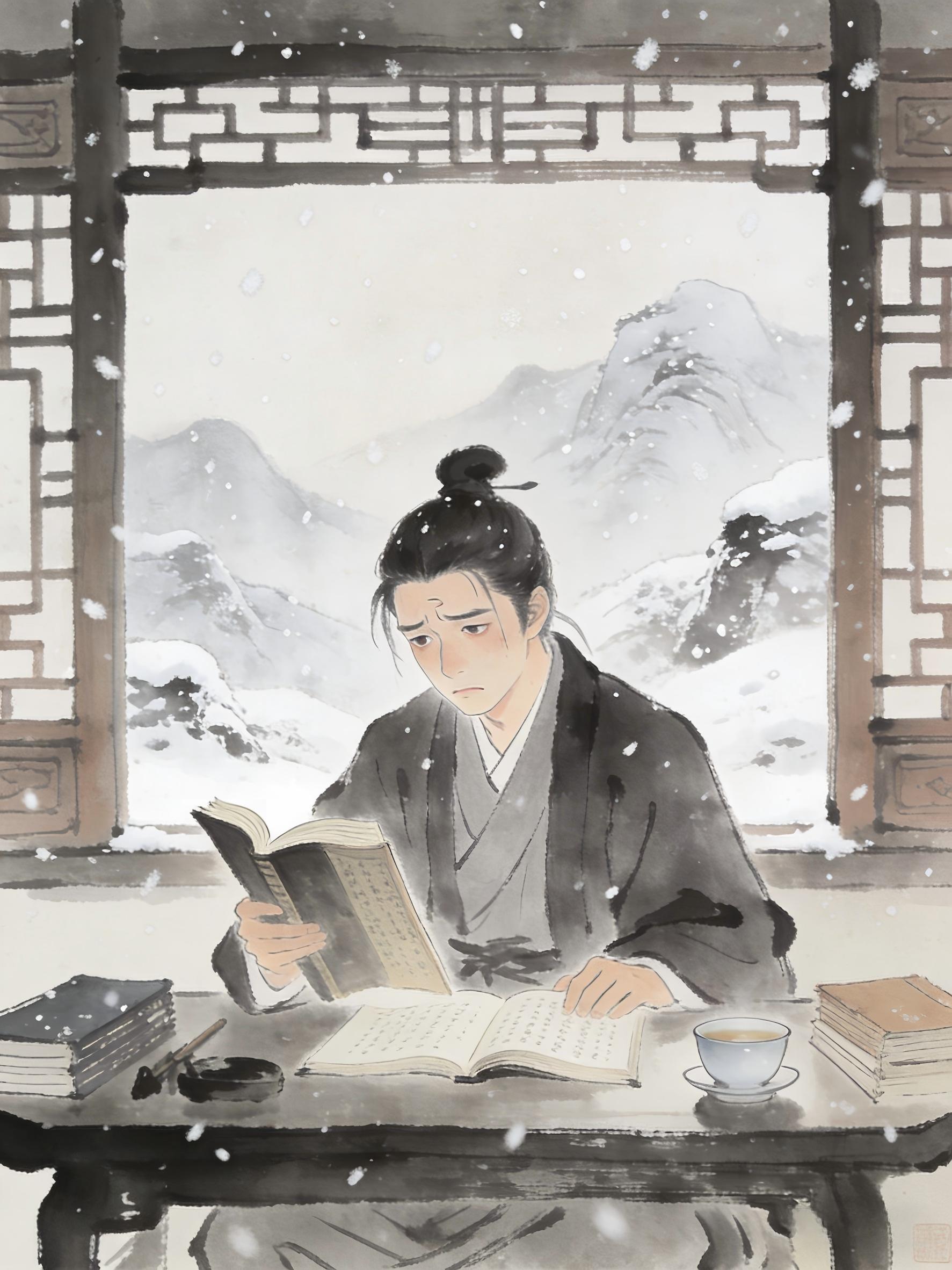 Young Taoist practitioner in traditional study room with snow falling outside, contemplating ancient texts