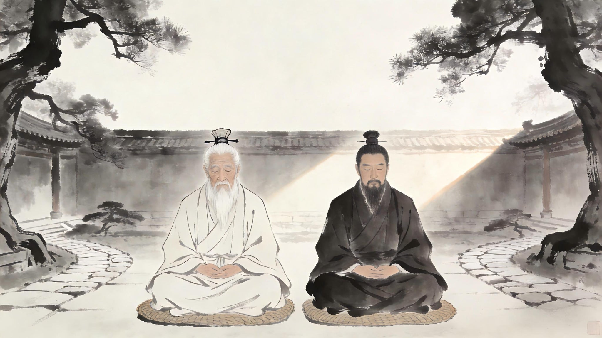 Two Taoist practitioners sitting in silent practice at Longhu Mountain temple, barrier of envy Zhengyi Taoism