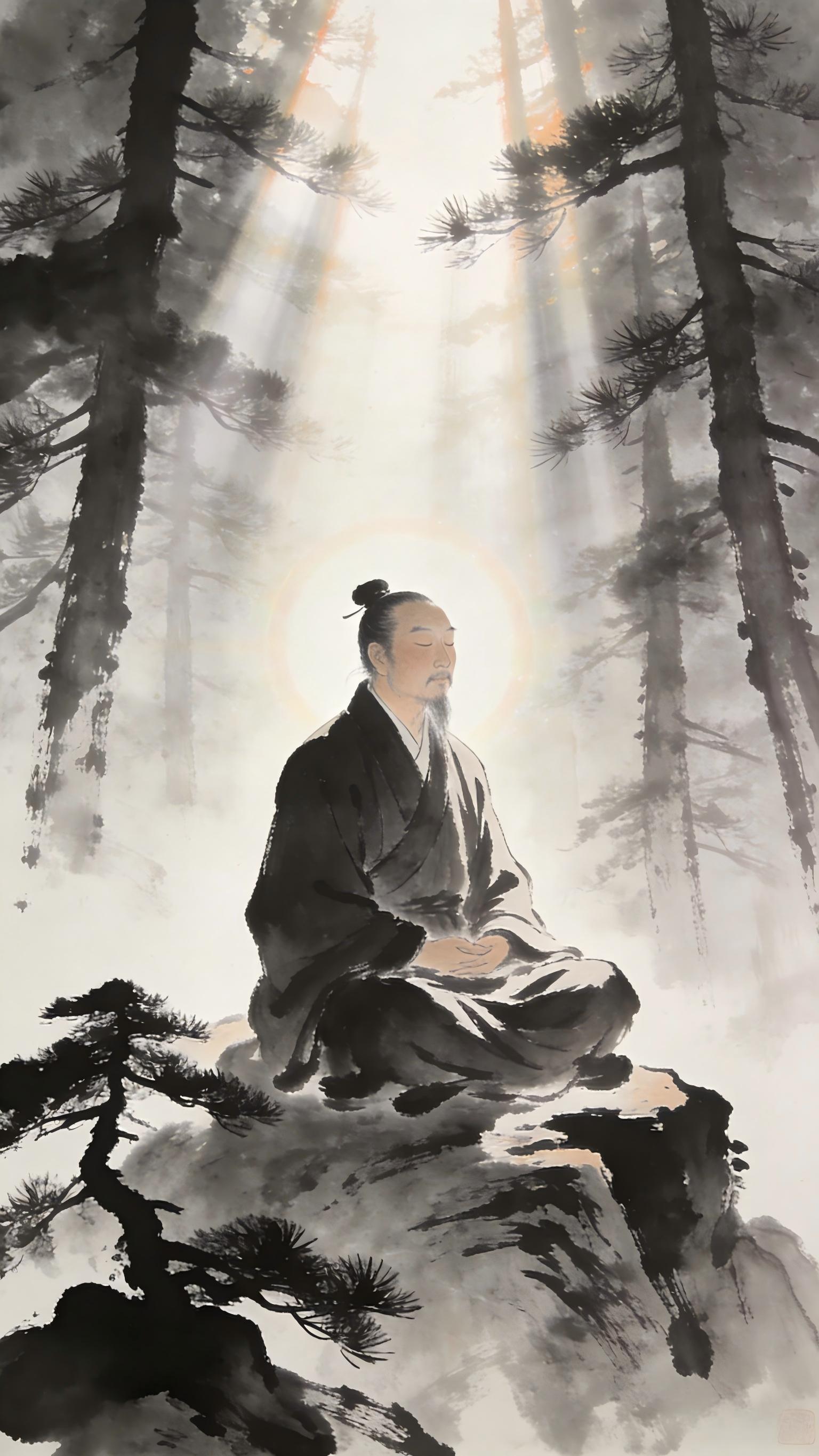 Taoist priest in meditation with light rays, spiritual vision