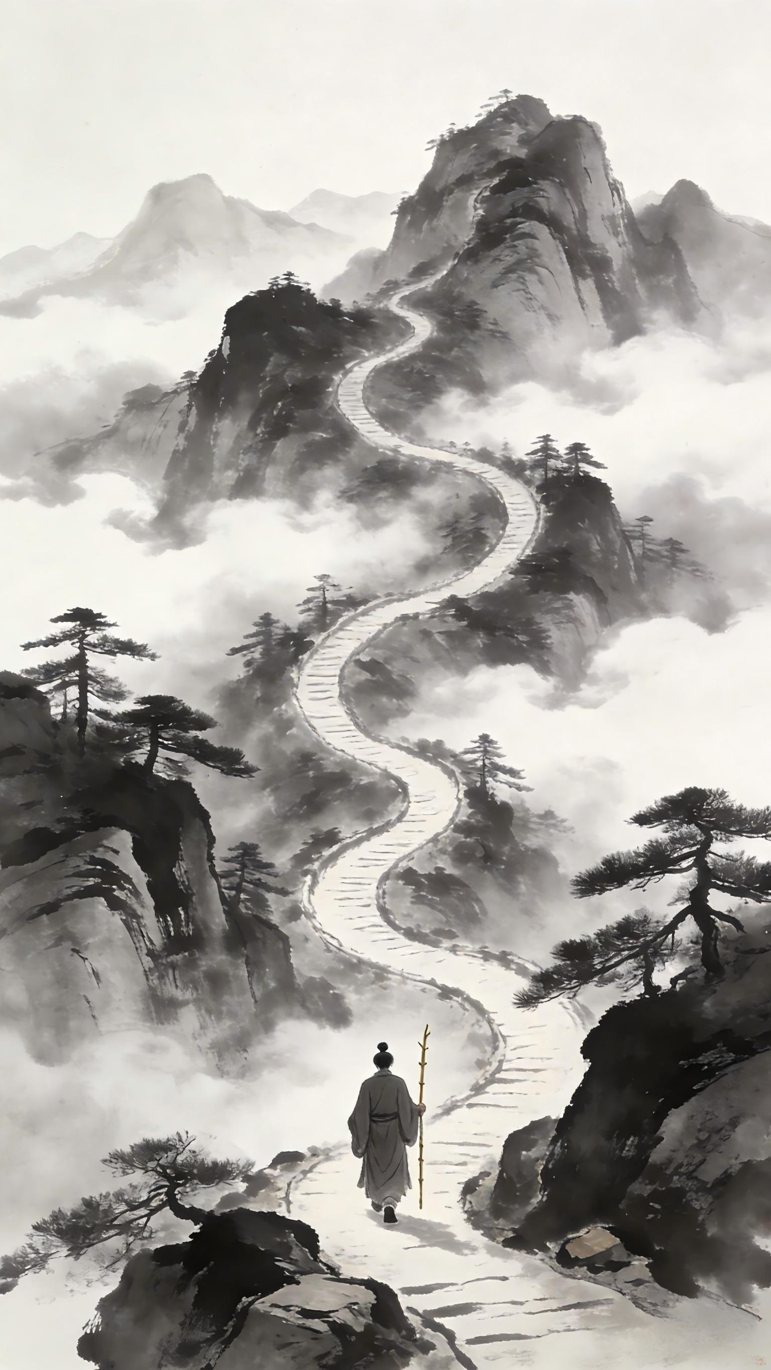 Taoist monk walking solitary winding path through clouds toward mountain peak, the long journey
