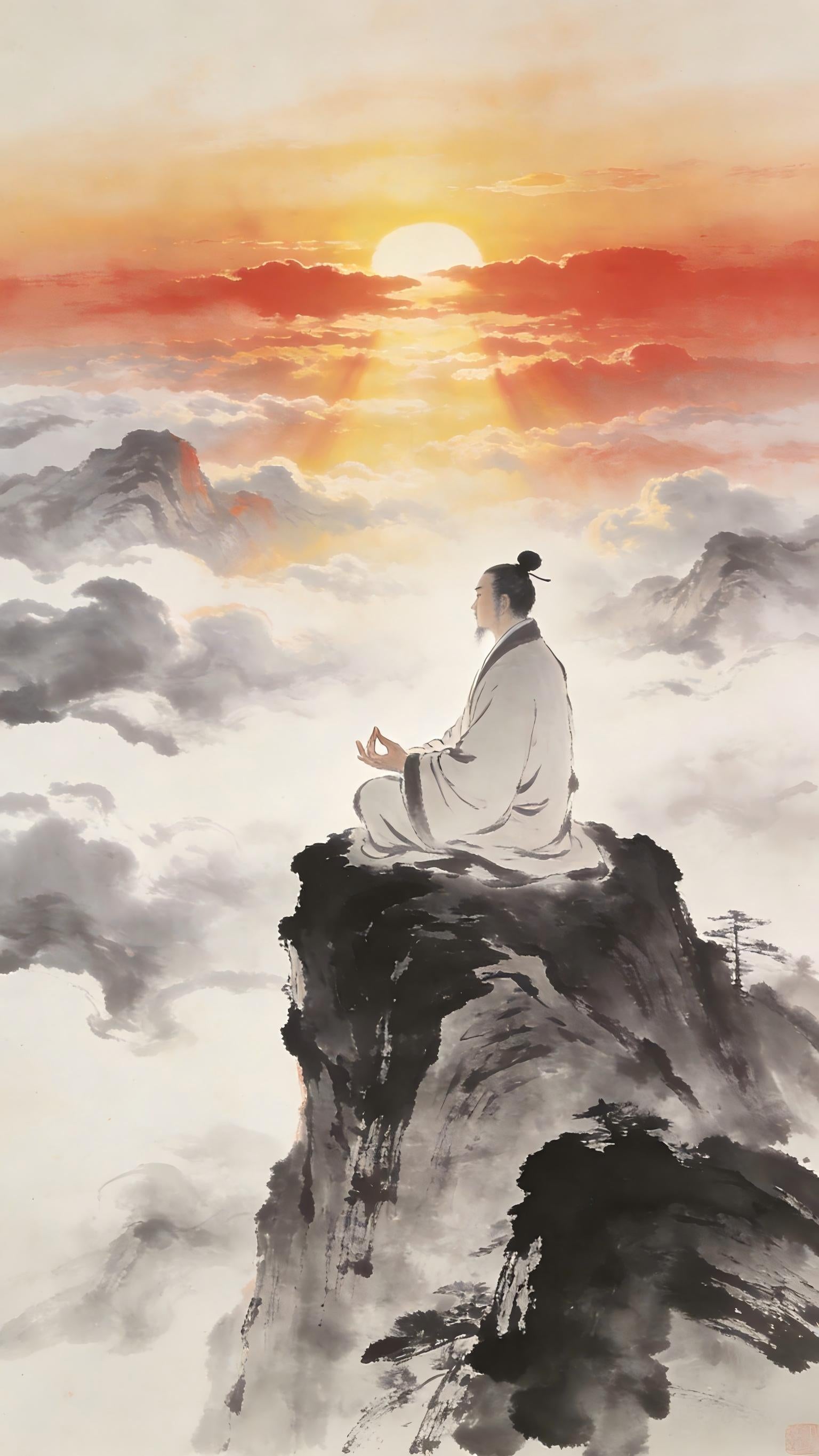 Taoist monk meditating on mountain peak at dawn, clarity beyond desire, Longhu Mountain