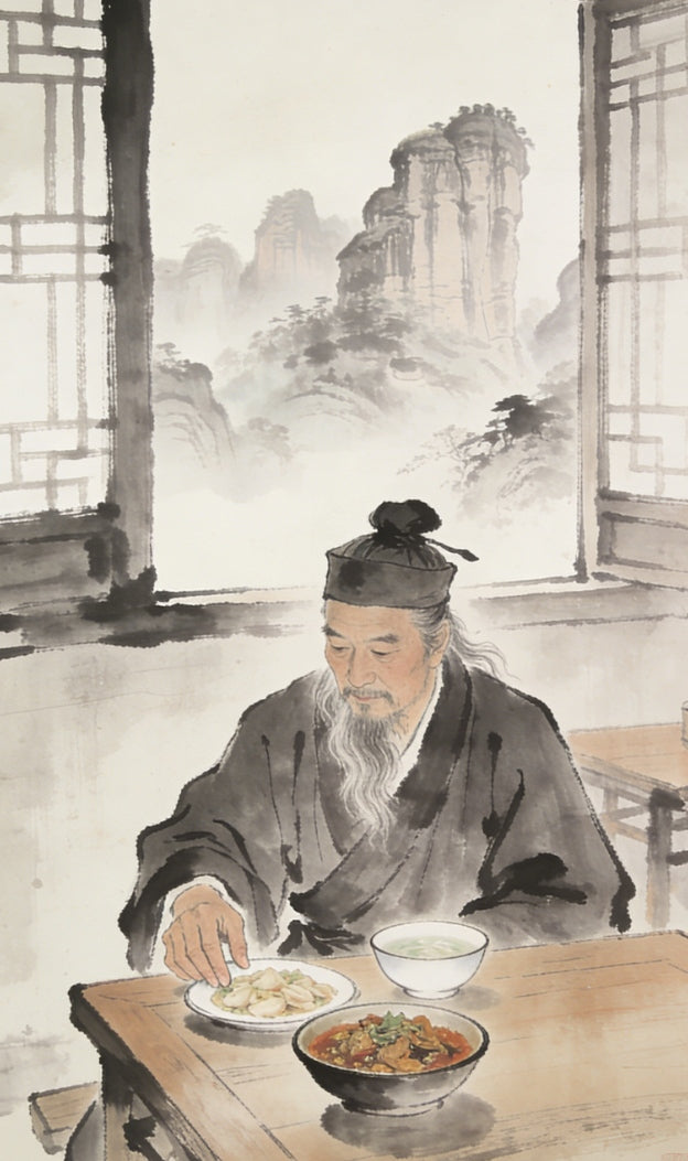 A Taoist priest seated in a simple kitchen, gently pushing away a richly flavored dish