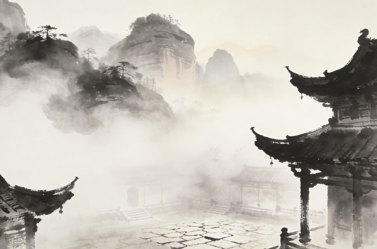 Foggy morning on Longhu Mountain, temple hall obscured by mist, Five Turbidities Taoist teaching