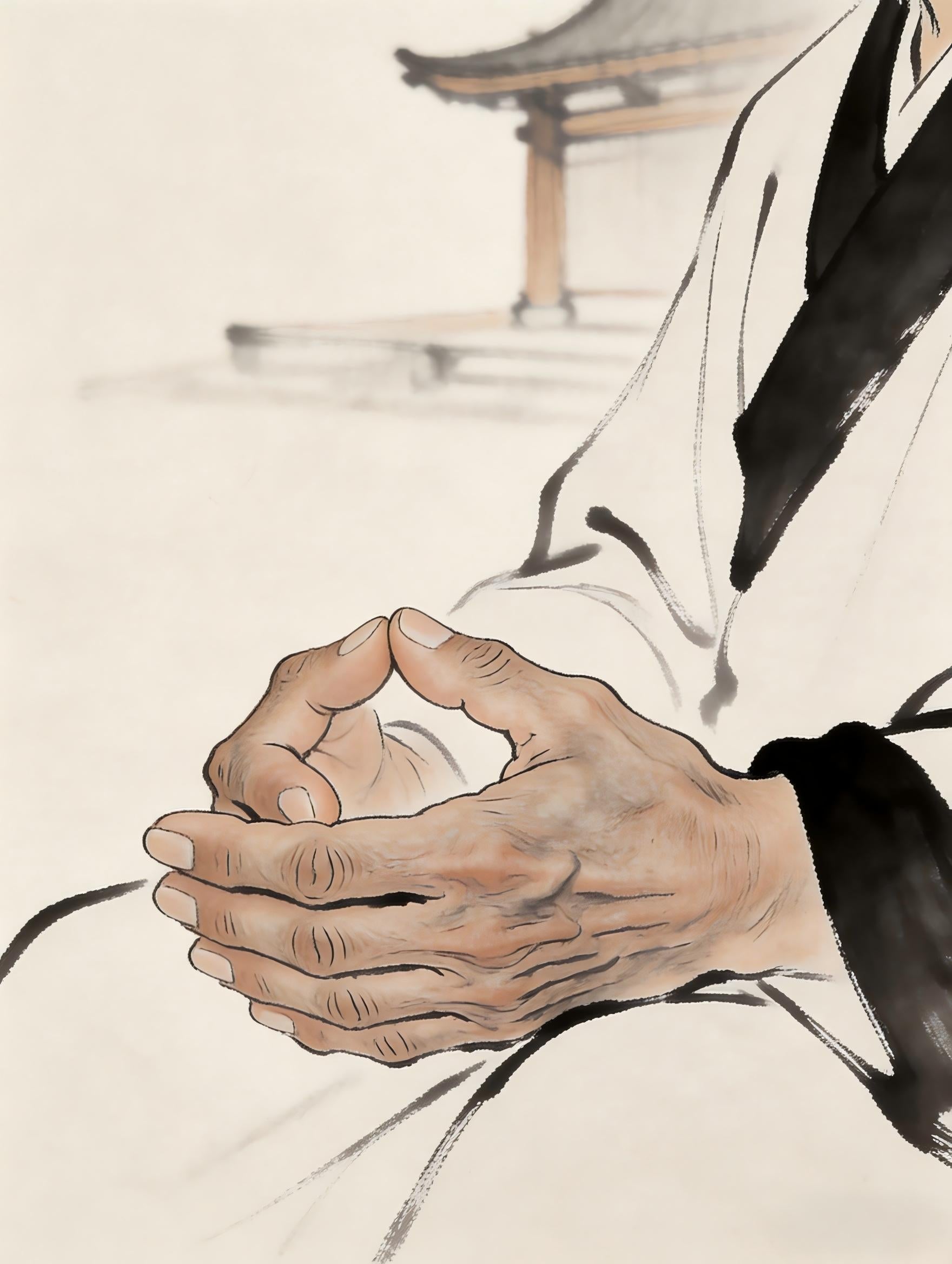 Taoist priest's aged hands in meditation, mortal body cultivation practice