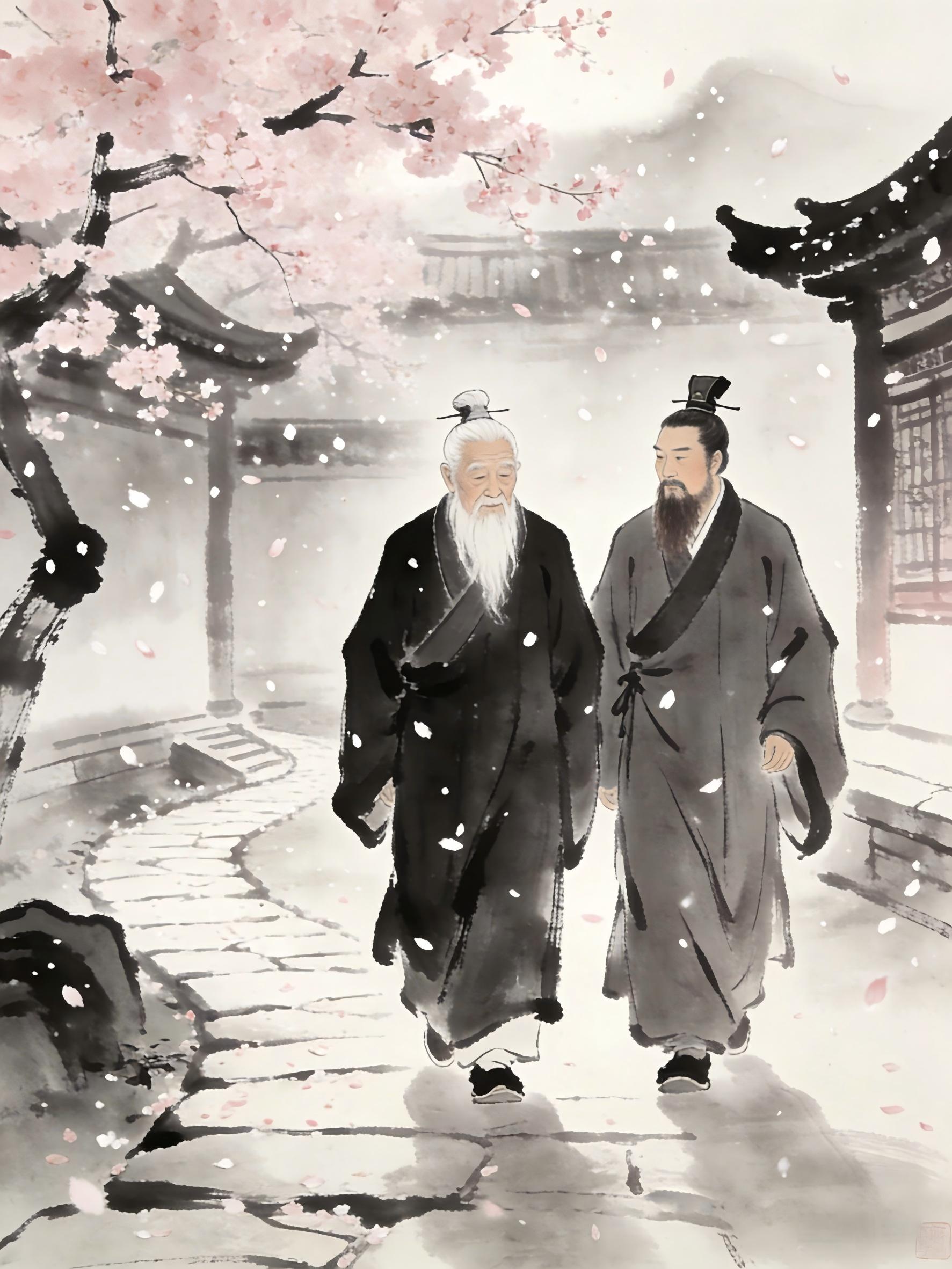 Taoist priest walking with master at Longhu Mountain spring morning, cherry blossoms falling, representing cultivation timing