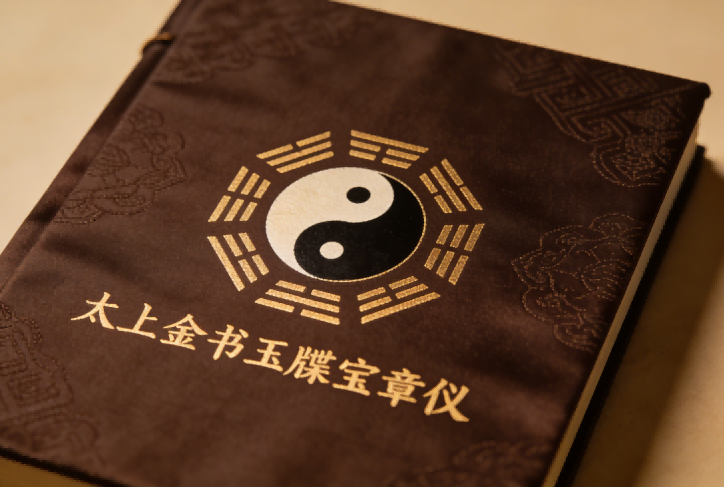 Close-up of the Supreme Golden Writ with Four Sacred Petitions symbol on the cover of the ritual book.