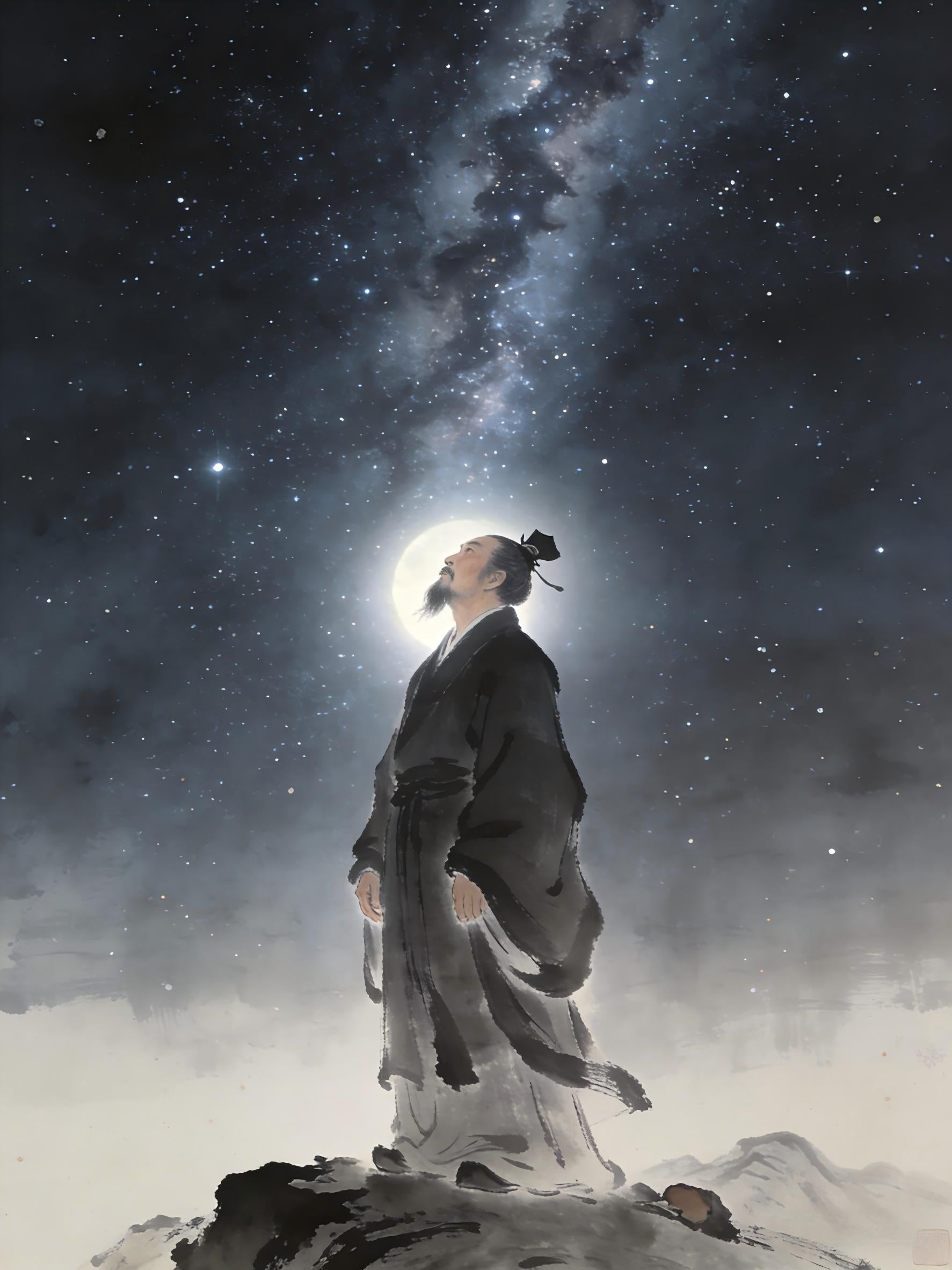 Taoist practitioner gazing at starry sky, three luminaries San Ming heaven earth human cosmology, Huangjing Neijing cultivation