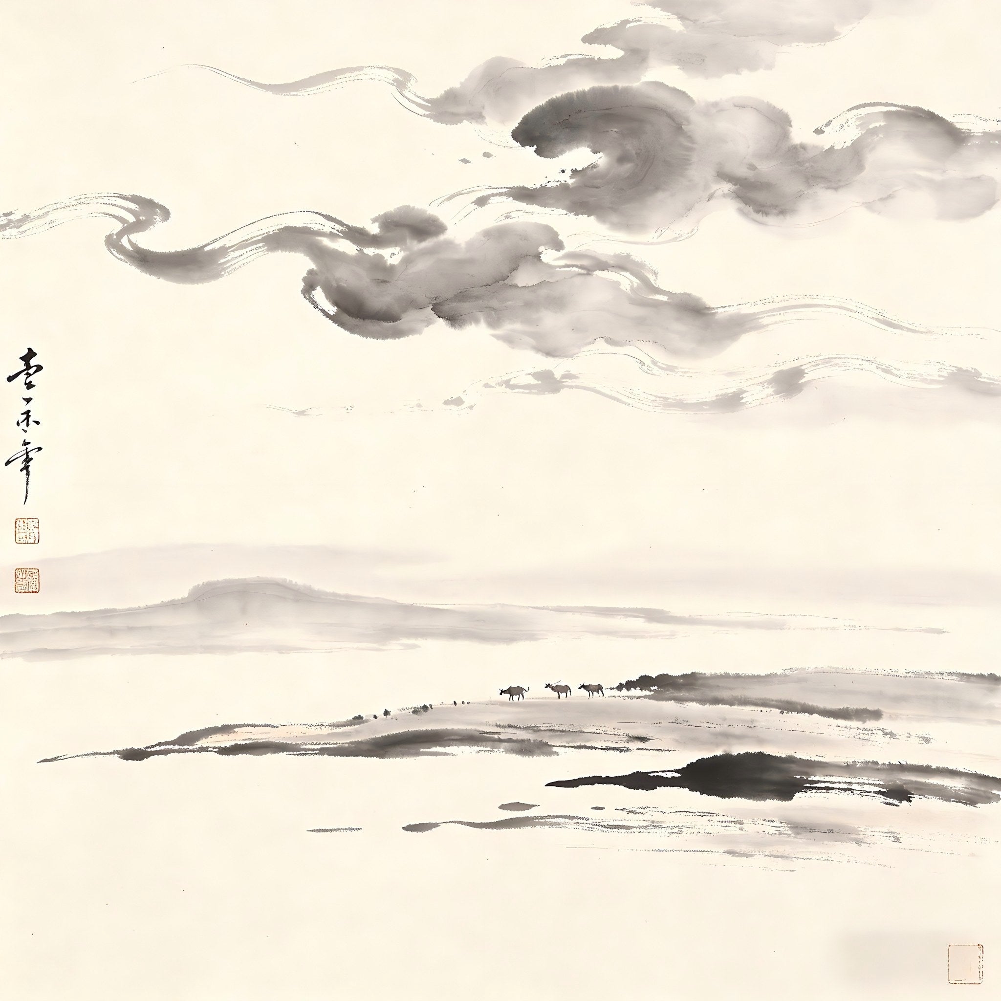 Flowing clouds and ink wash blending into the sky, representing the thirty-six heavens