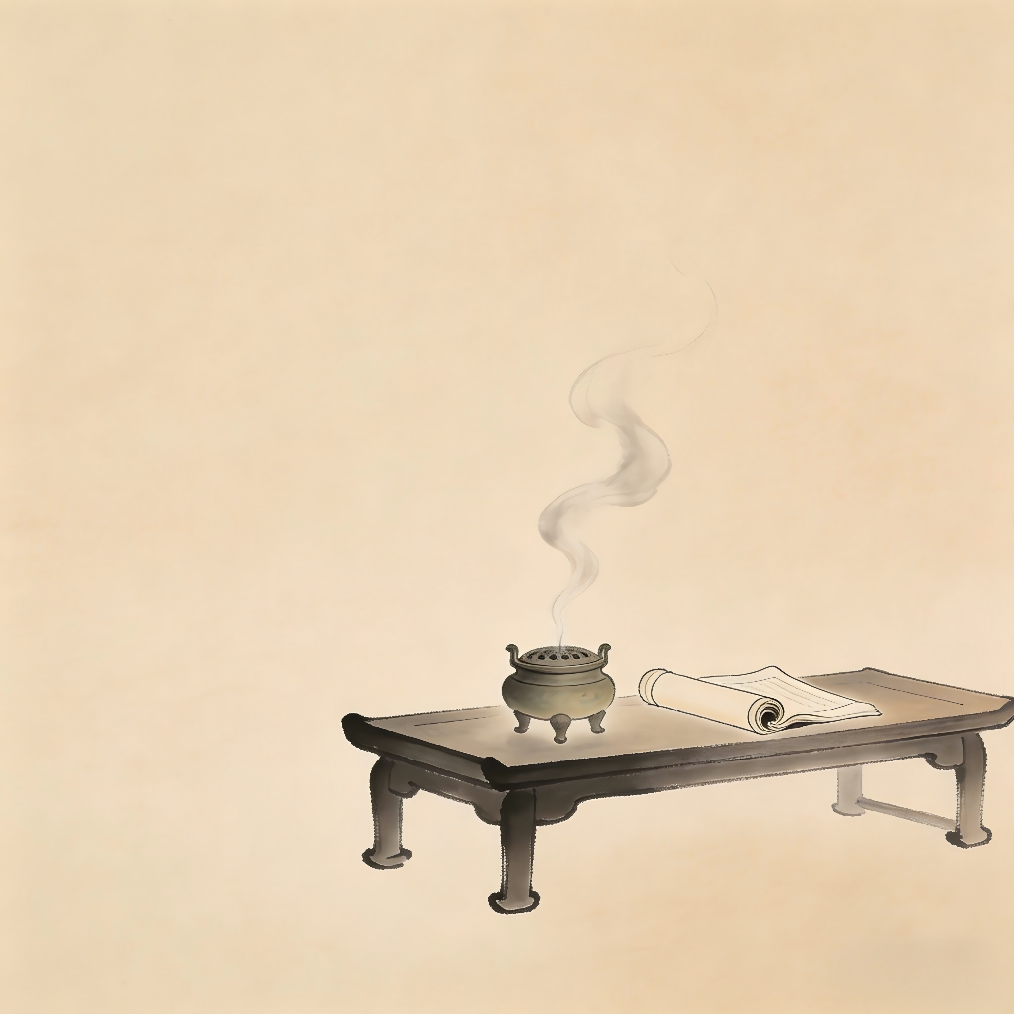 Ti Ke Shi Taoist scripture scrolls on desk ink painting