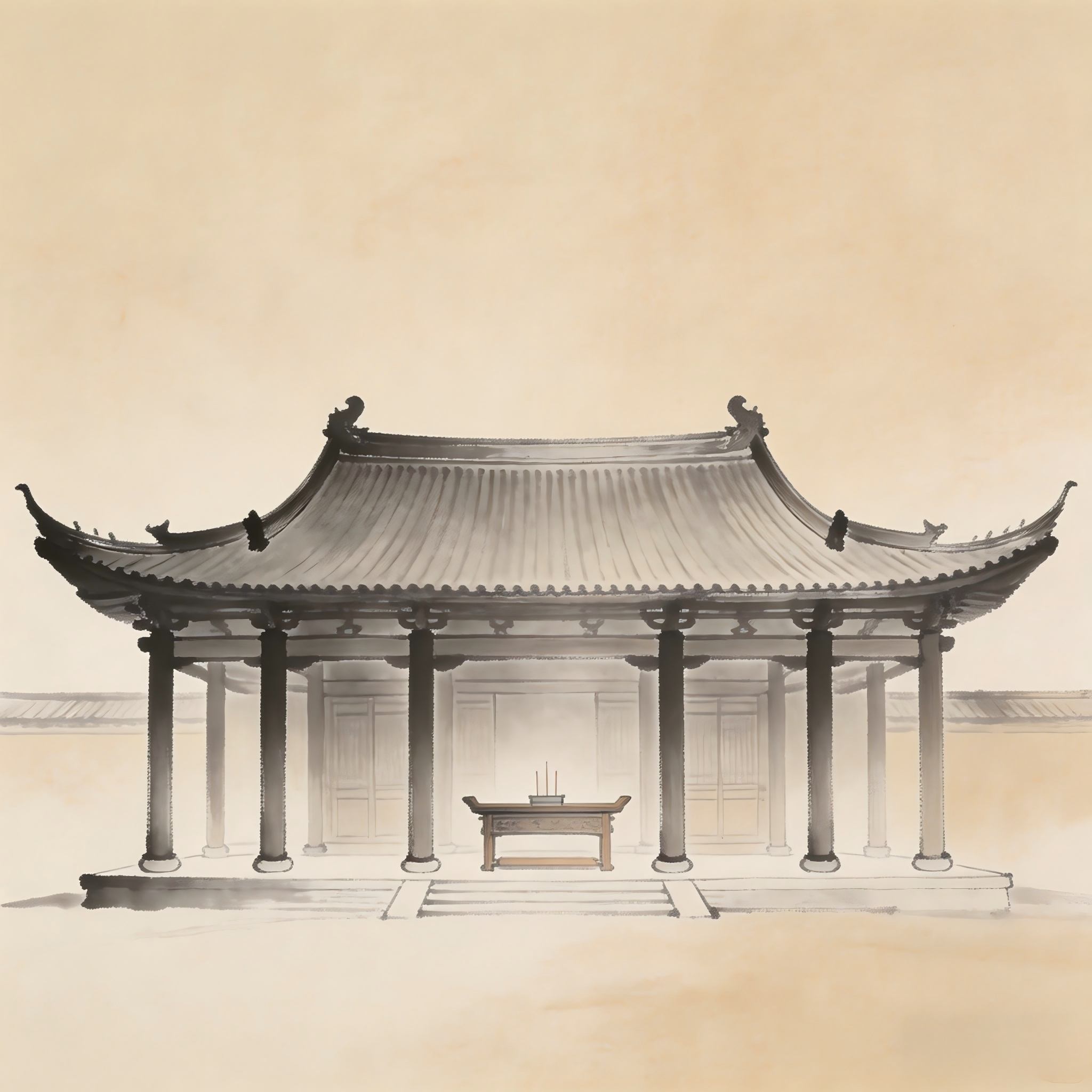 Taoist temple hall with ceremonial layout representing the Five Supervisors administrative structure