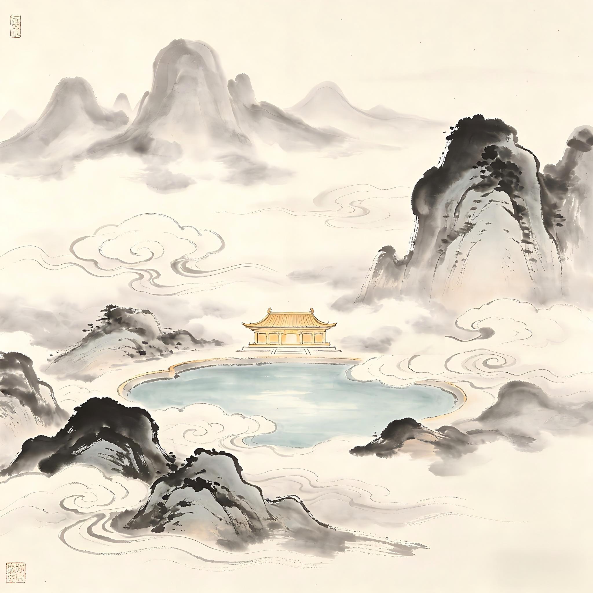 Immortal realm with jade pools and golden terraces in ink painting, representing Xianren Tu the Taoist Immortal Land