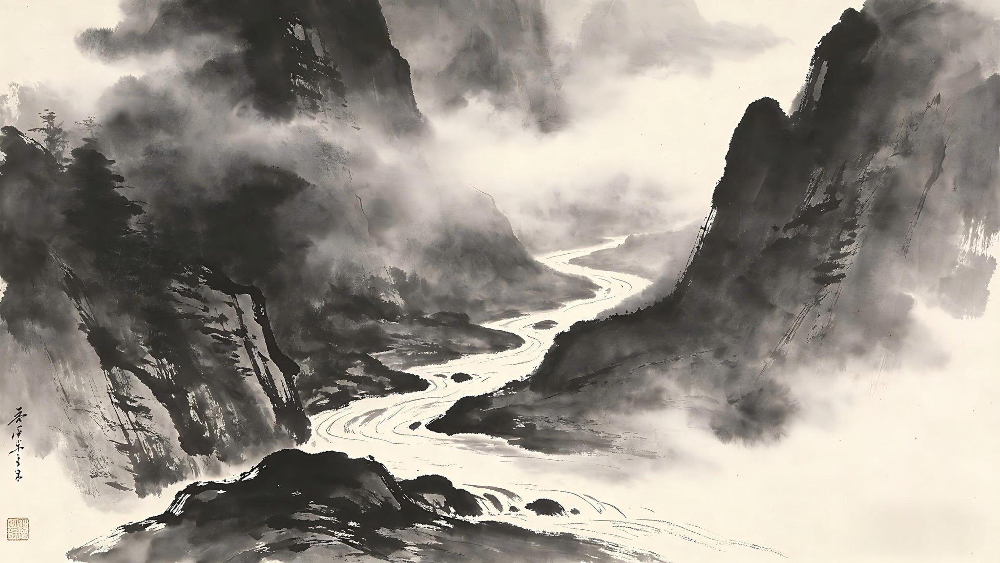 Dark valley shrouded in heavy mist with low-lying stream in Chinese ink painting, representing yin turbidity catastrophe
