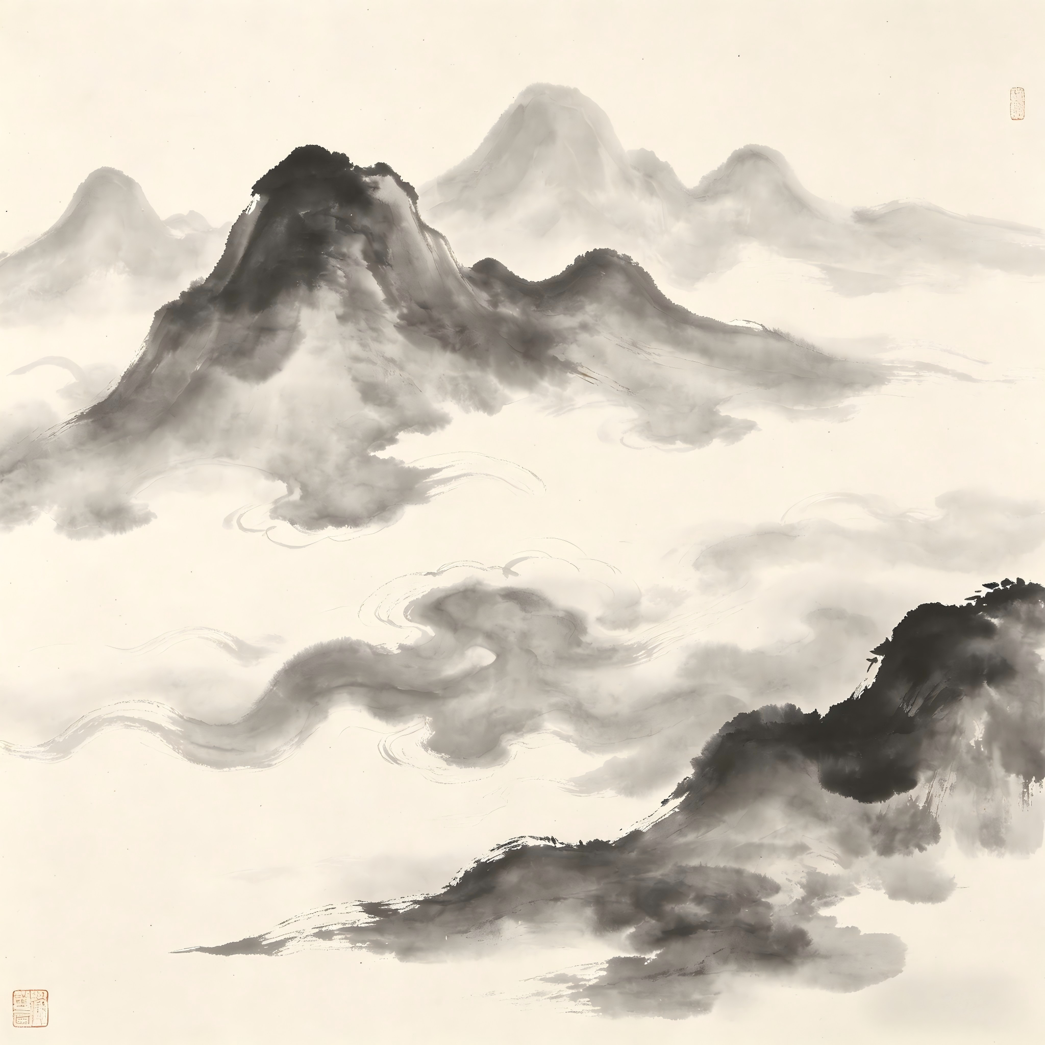Misty mountain landscape with sparse trees in ink wash style