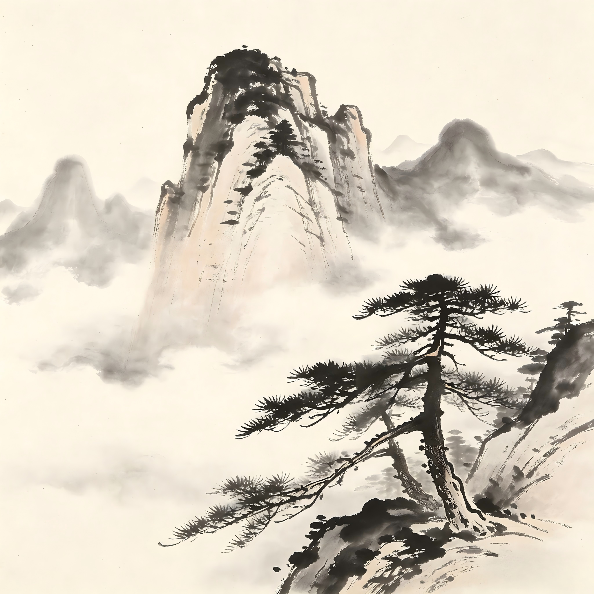 Mountain peak in clouds with pine trees in Chinese ink wash painting