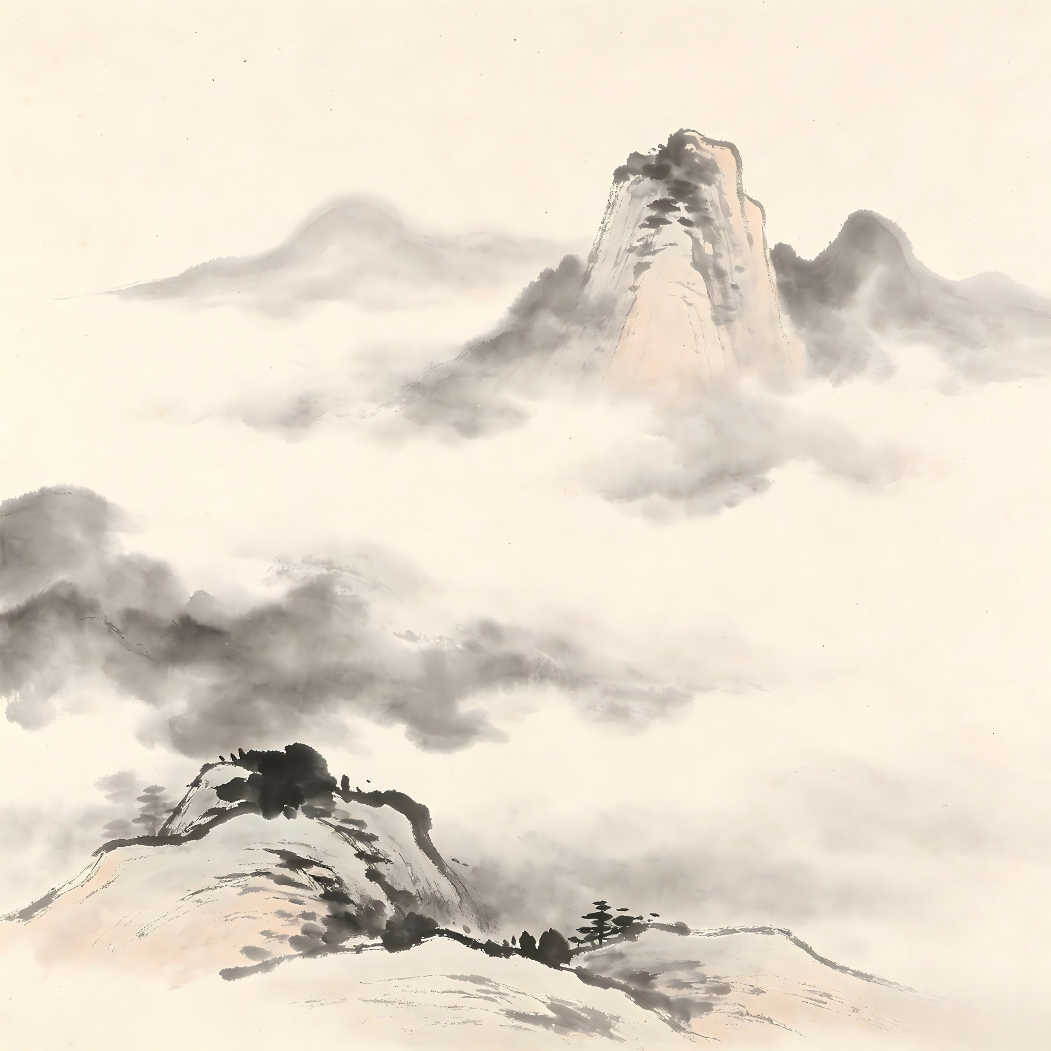 Yuantou Taoist monastery in traditional Chinese ink painting style