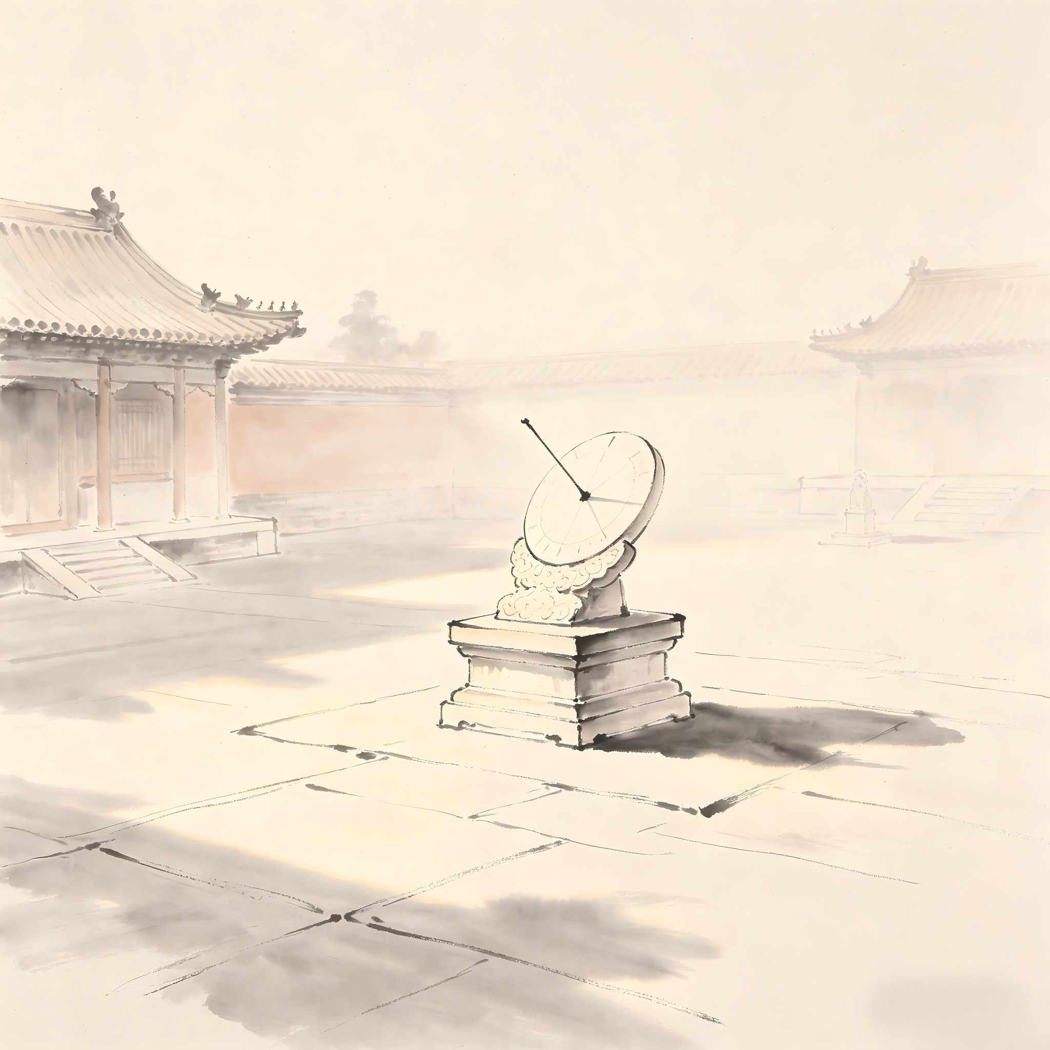 Zhai Shi Taoist sundial casting shadow at noon ink painting