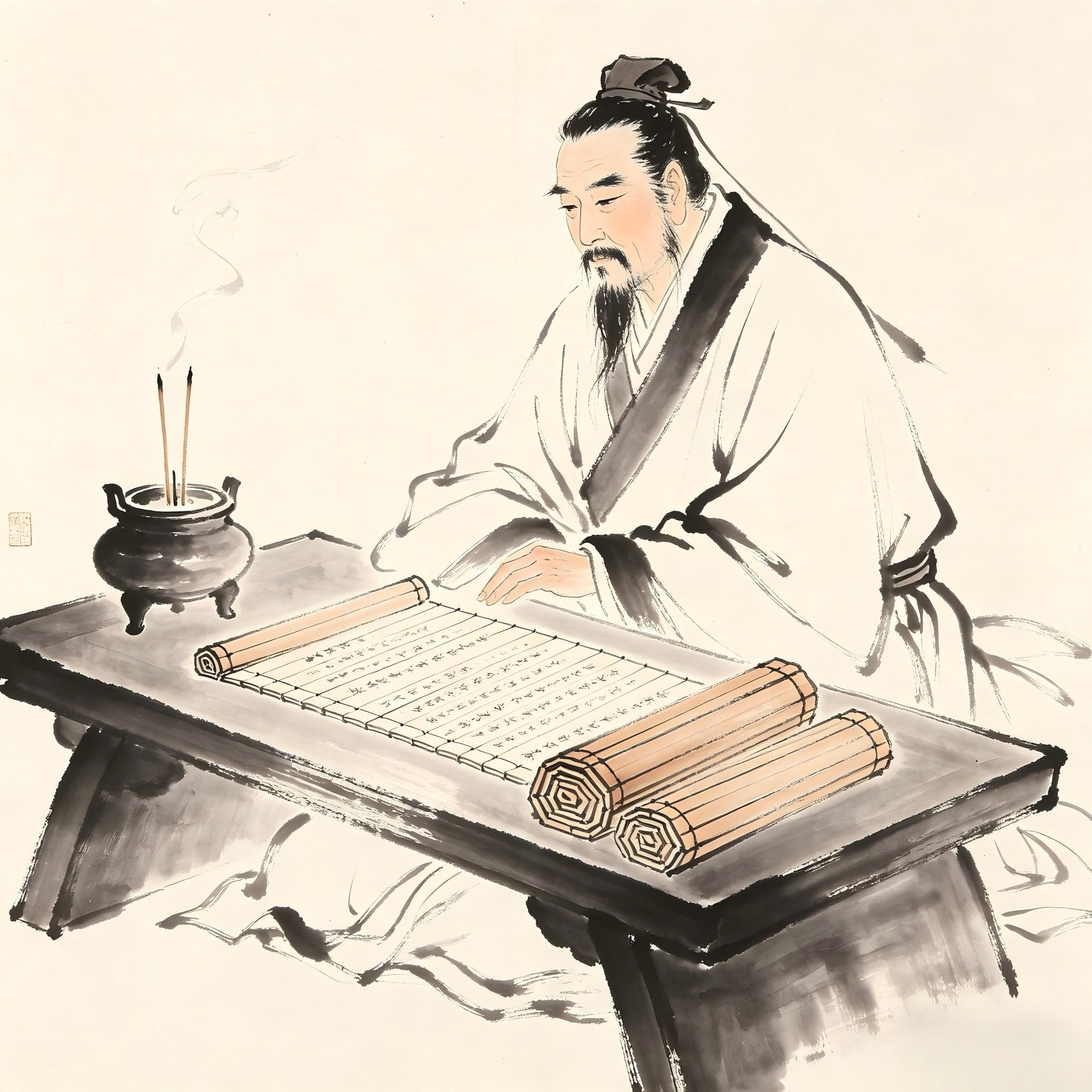 Account books and incense on a desk in Chinese ink painting style