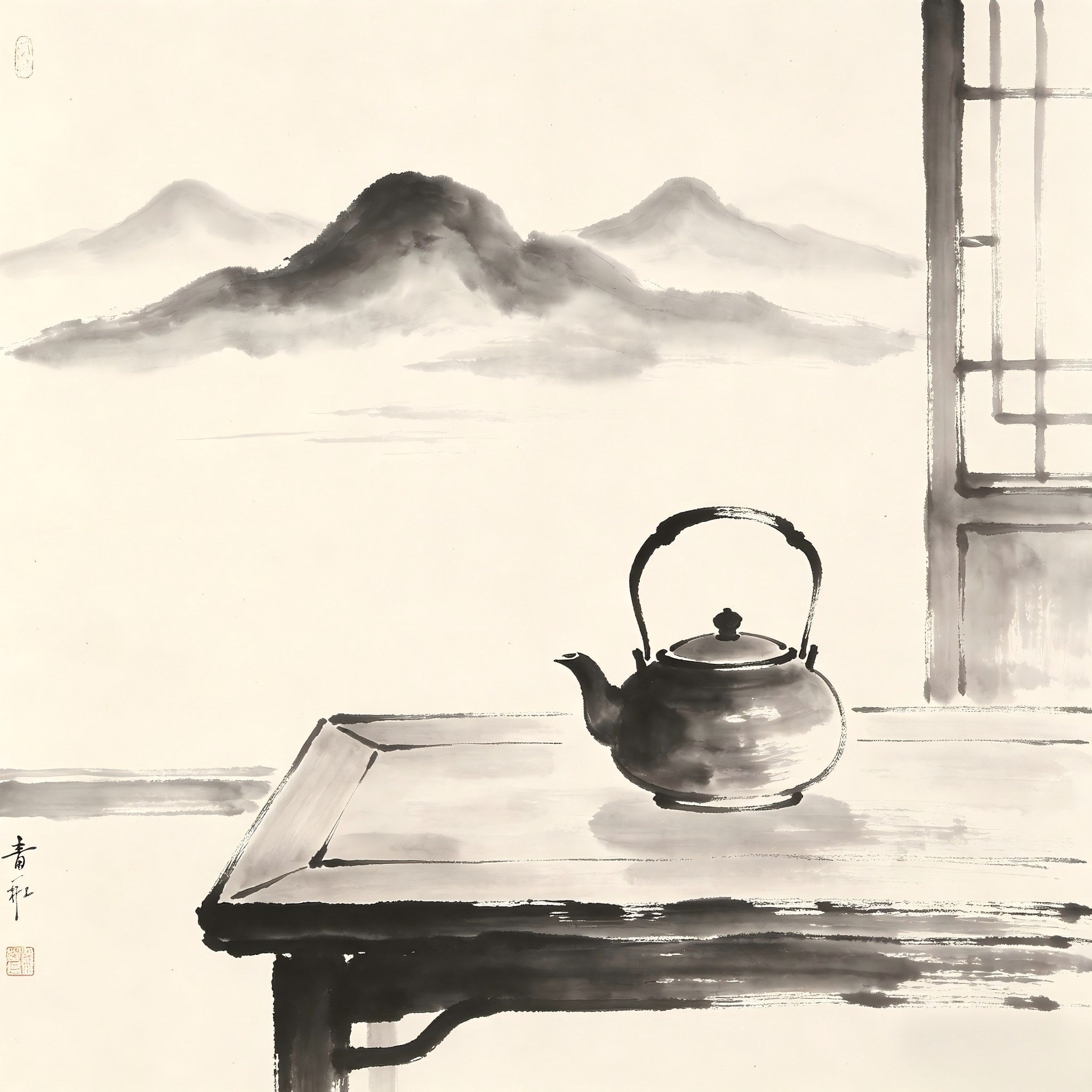 Tea set by window in ink wash style, representing Zhike guest reception in Taoist monastery