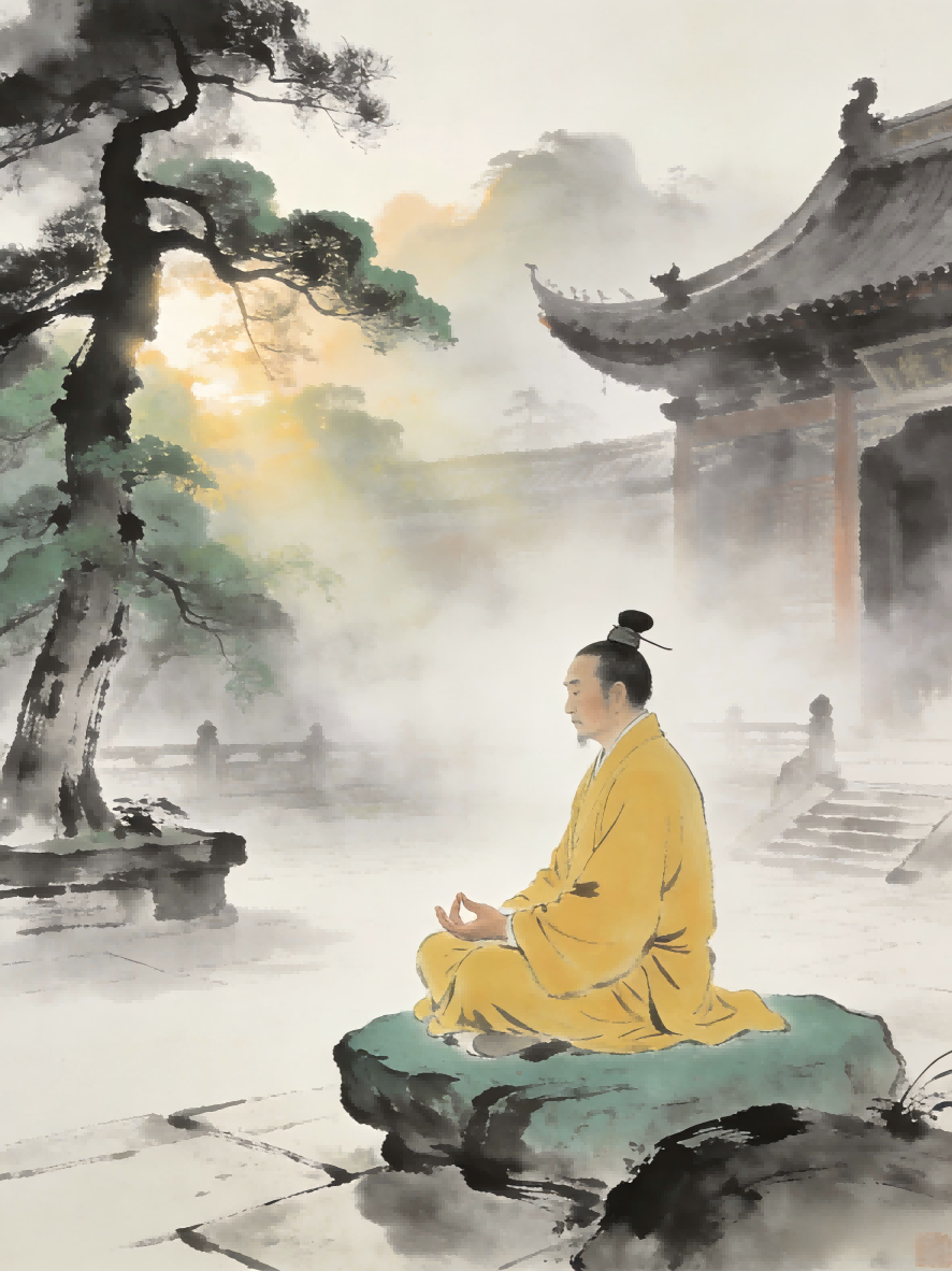 Taoist priest practicing Ten Recollections meditation in morning mist at Longhu Mountain courtyard