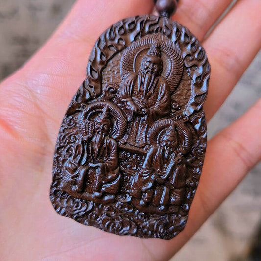 Taoist Jade-Infused Thunder struck Jujube Wood Three Pristine Ones Rotatable Bagua Pendant